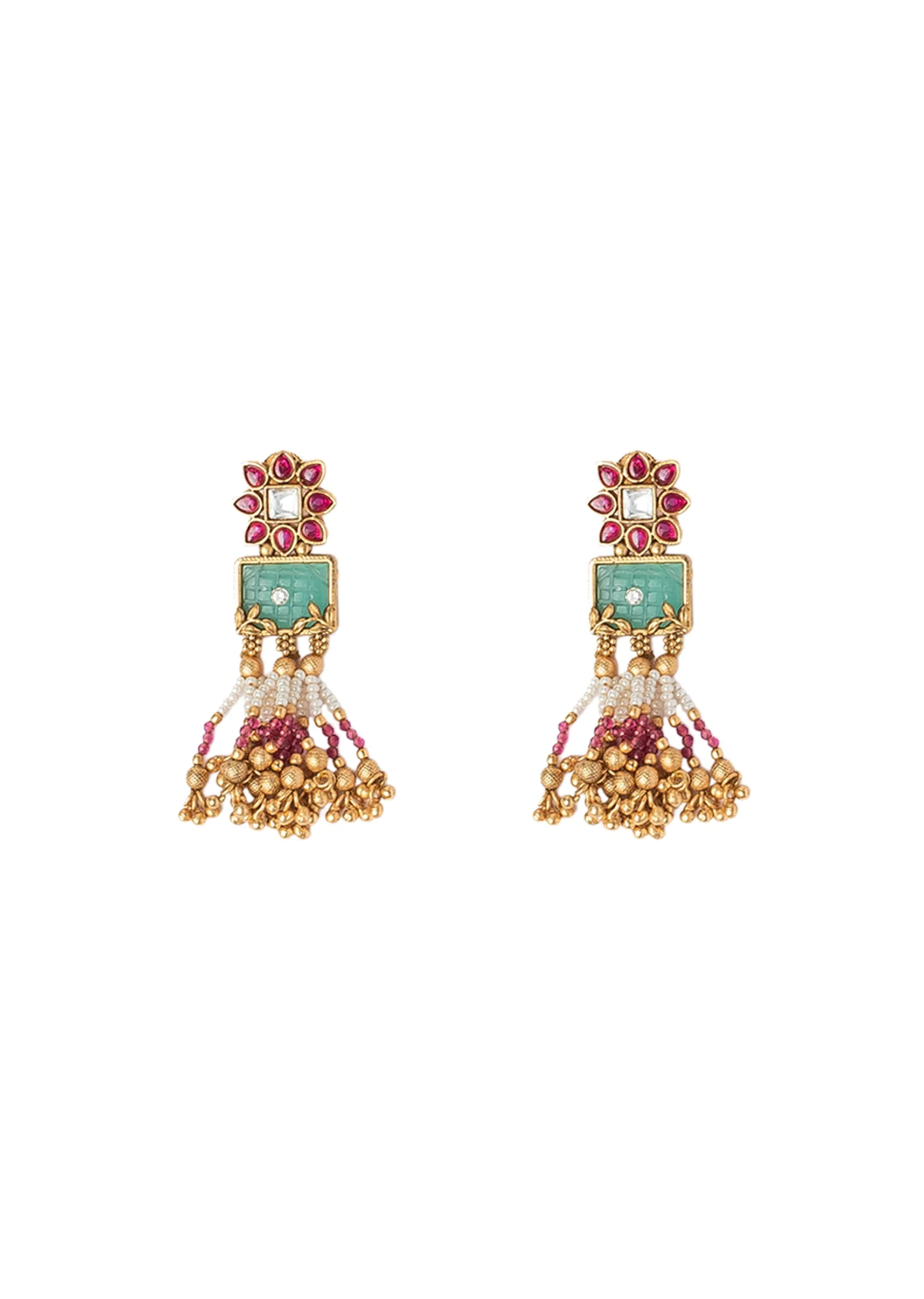 Gold Plated Pink Long Necklace Set With Earrings