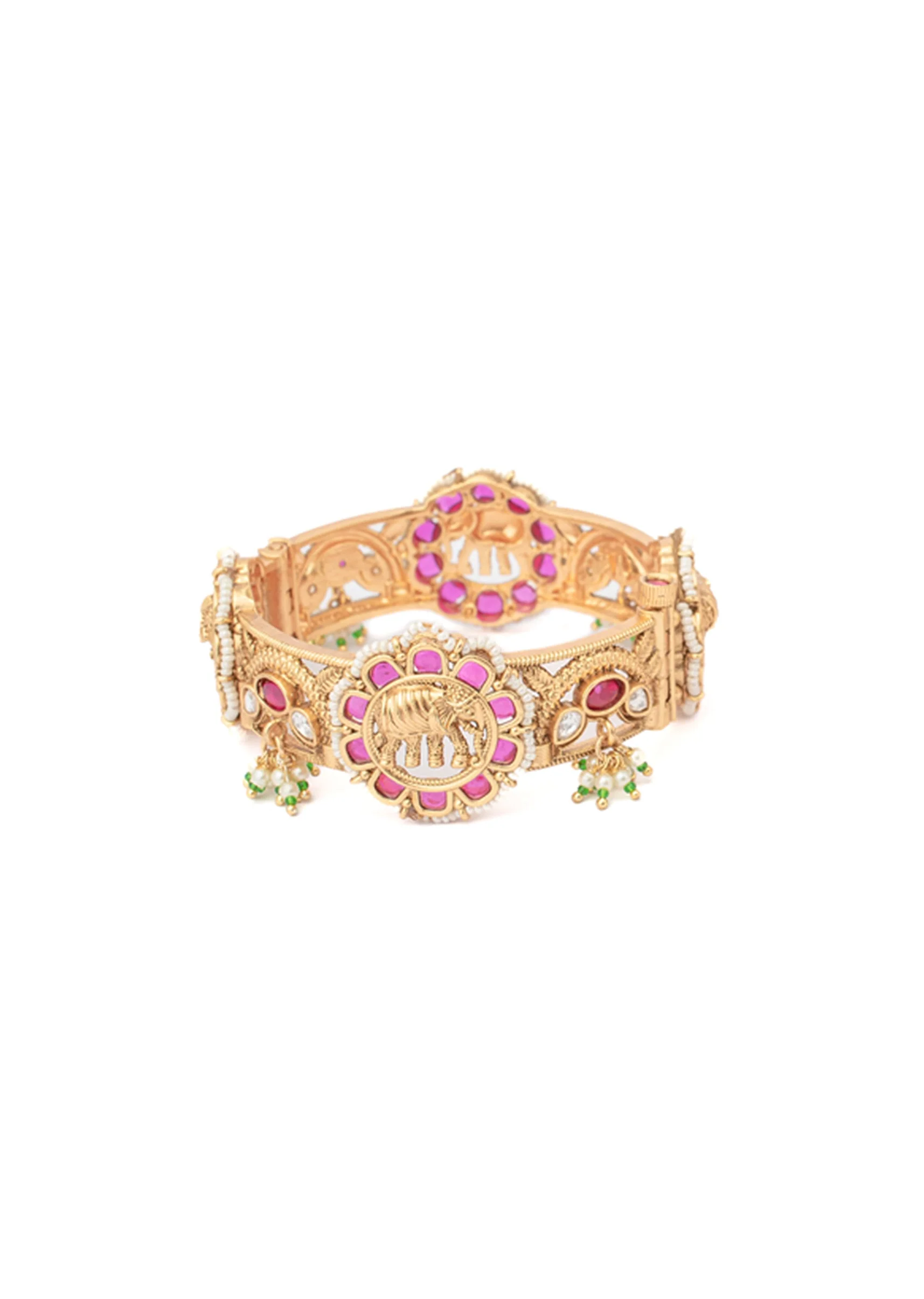 Gold Bangles With Pink And Green Stones And Intricate Motifs