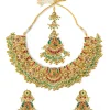 Gold Plated Pink Synthetic Stone Necklace Set With Earrings And Maangtikka