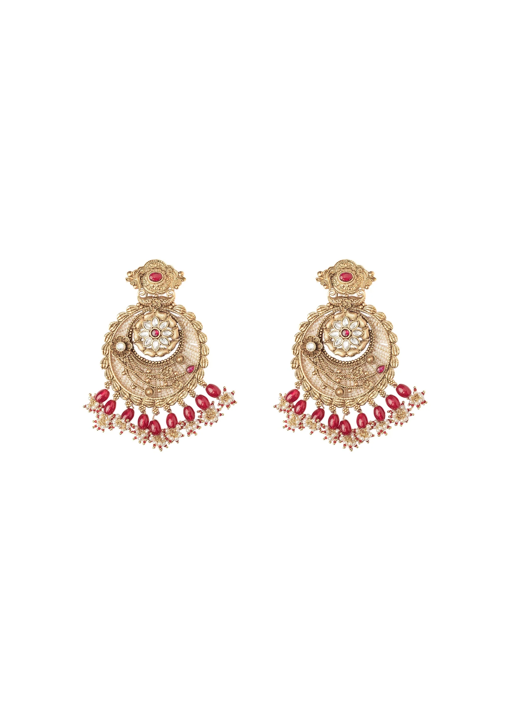 White Stone Chandbali Earrings With Floral Motifs And Pink Bead Drops