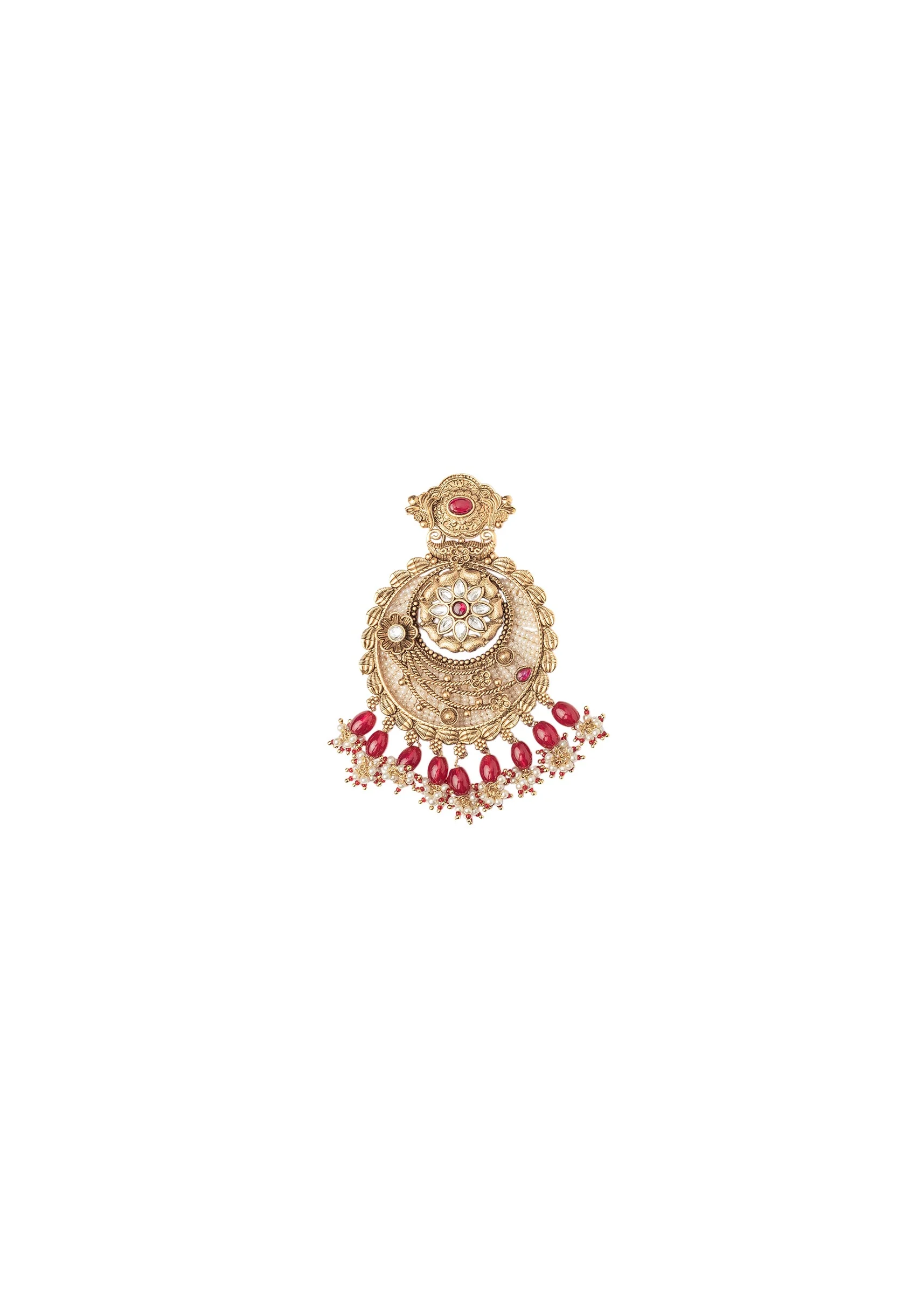 White Stone Chandbali Earrings With Floral Motifs And Pink Bead Drops
