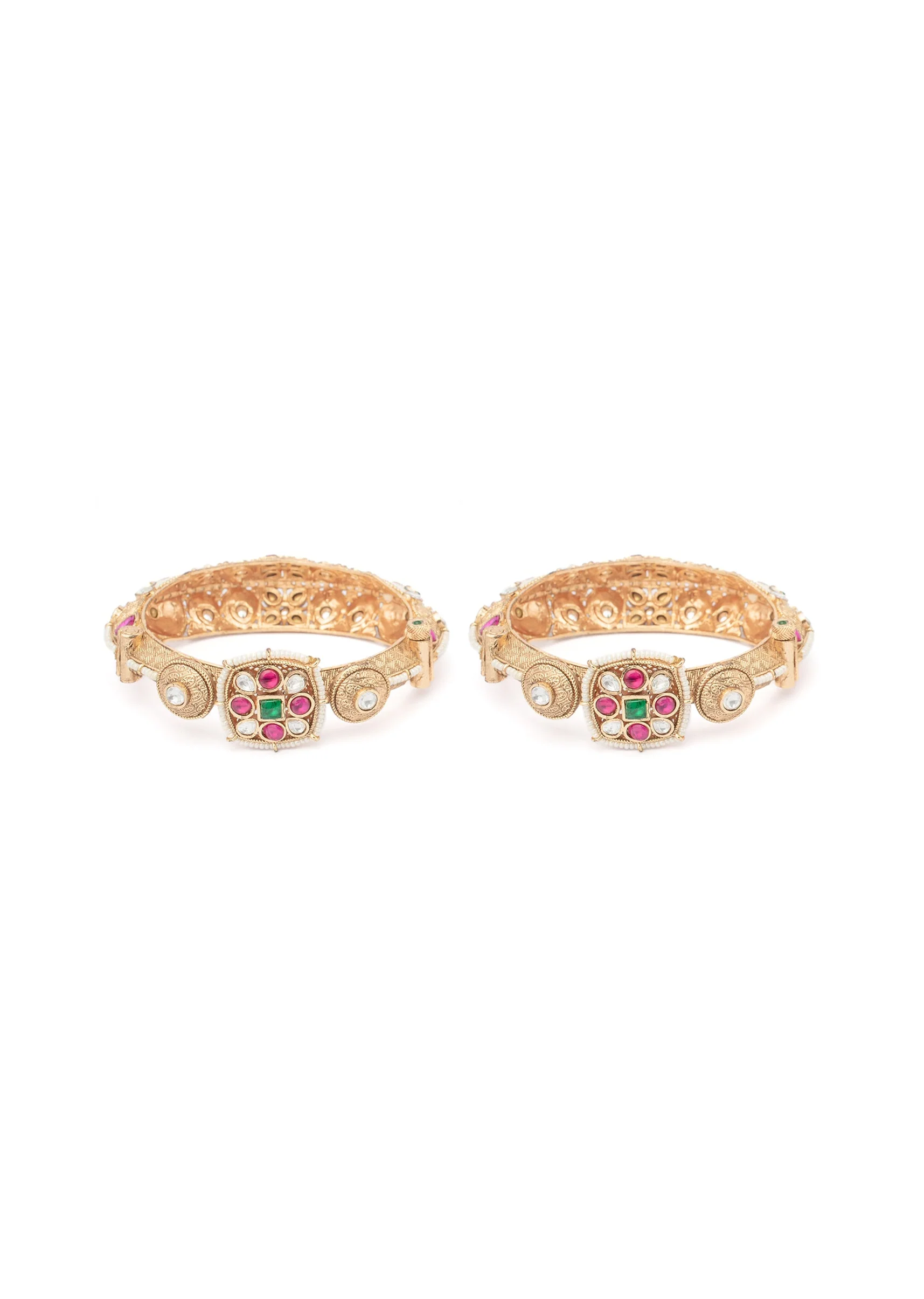 640-gold-bangles-with-floral-motifs-and-ruby-emerald-stones-1.webp Gold Bangles With Floral Motifs And Ruby Emerald Stones