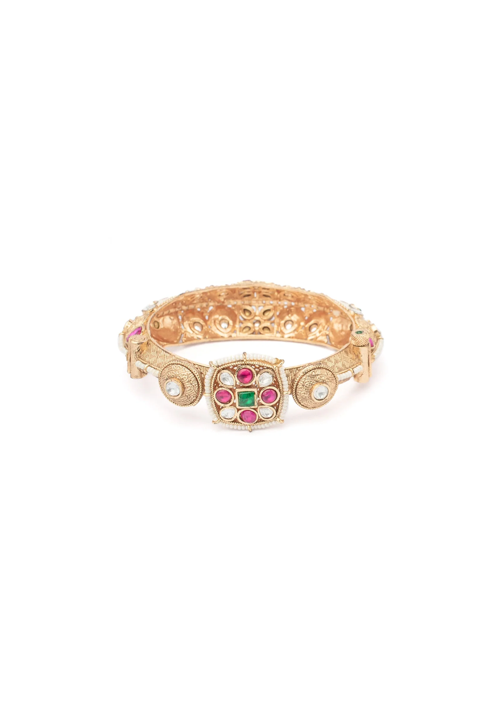 Gold Bangles With Floral Motifs And Ruby Emerald Stones