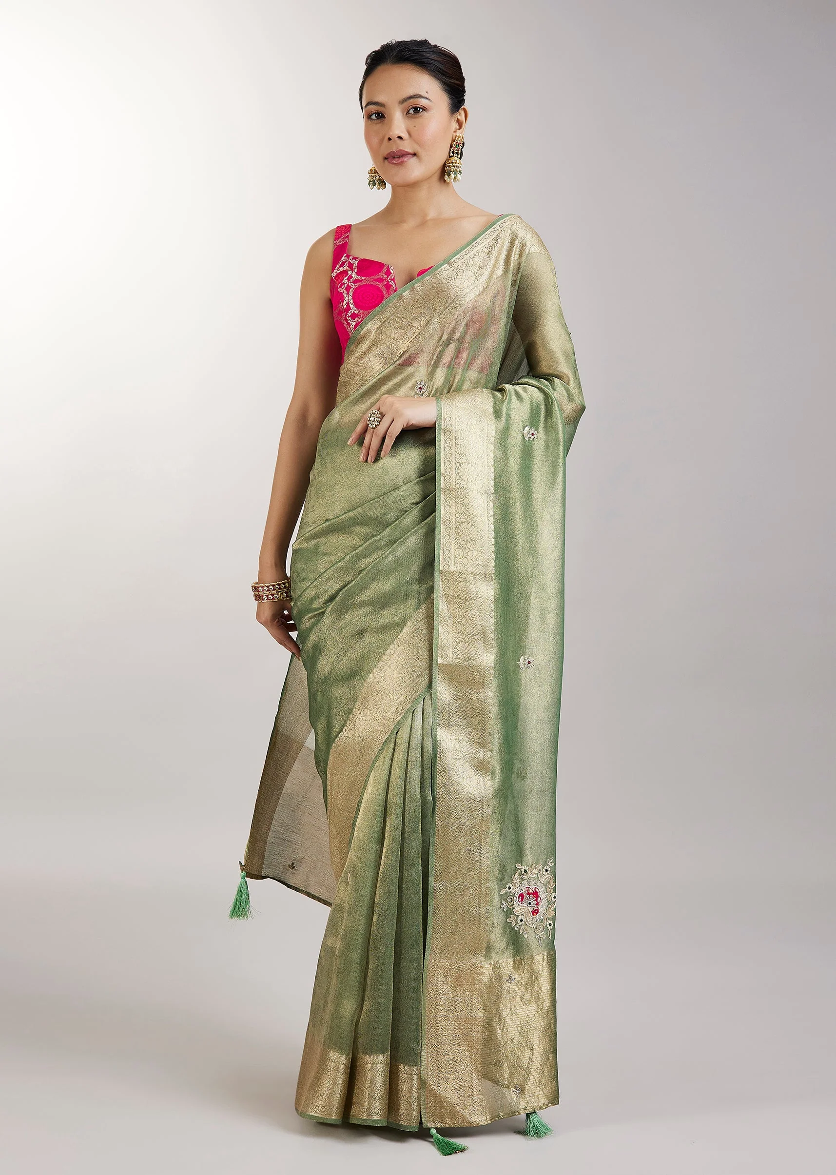 6403-pista-green-tissue-saree-with-embroidered-butti-1.webp Pista Green Tissue Saree With Embroidered Butti