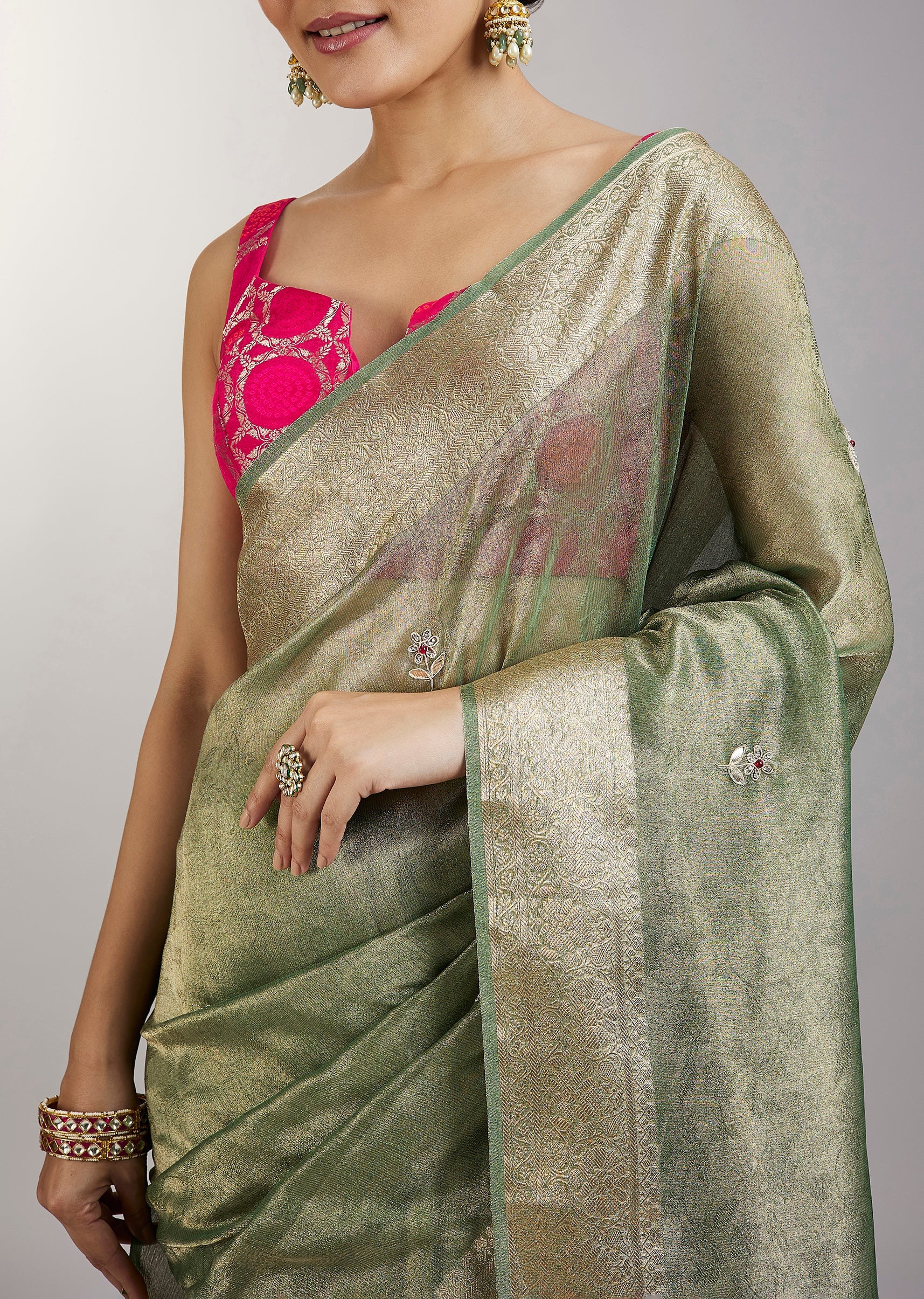 Pista Green Tissue Saree With Embroidered Butti