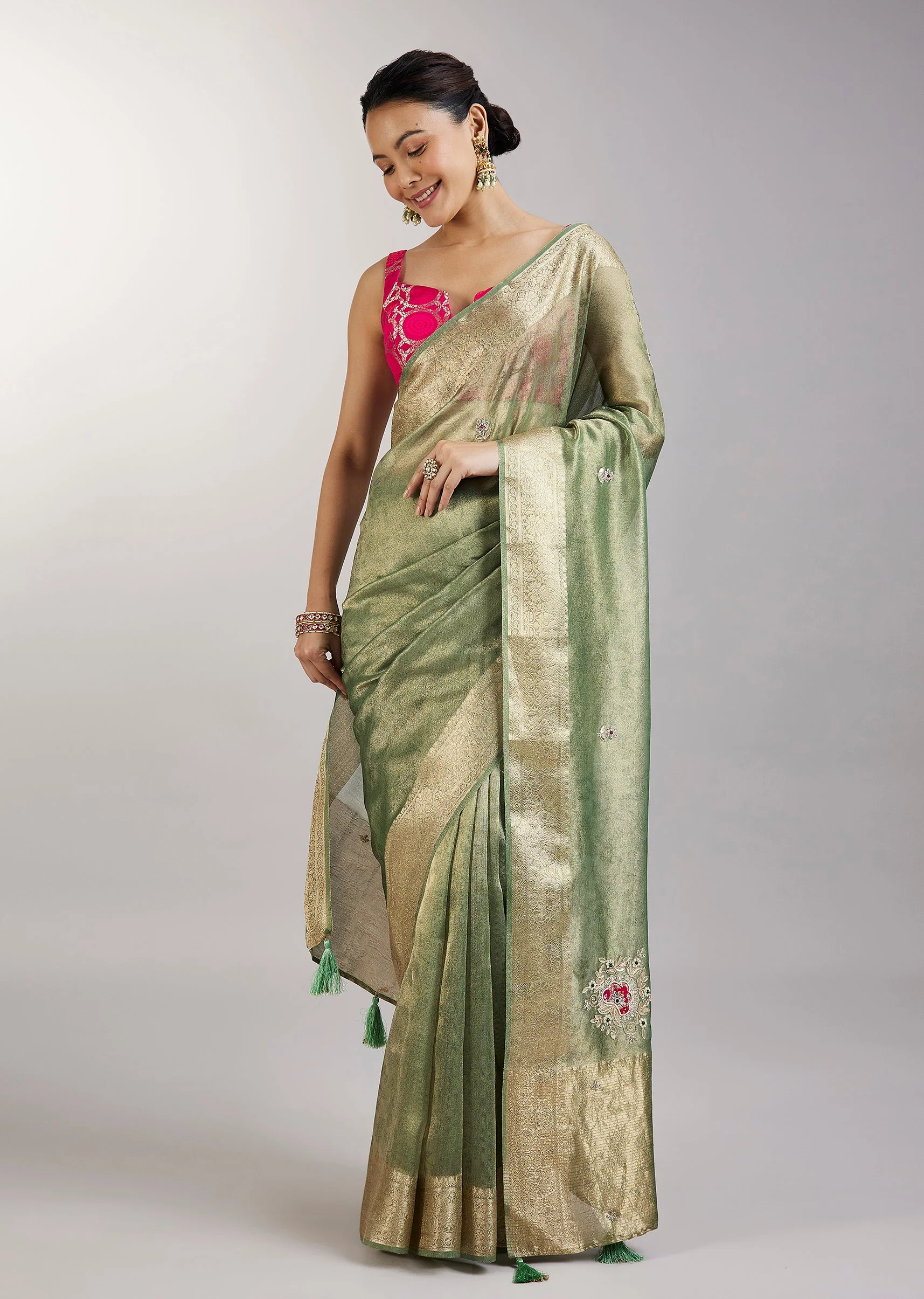 Pista Green Tissue Saree With Embroidered Butti