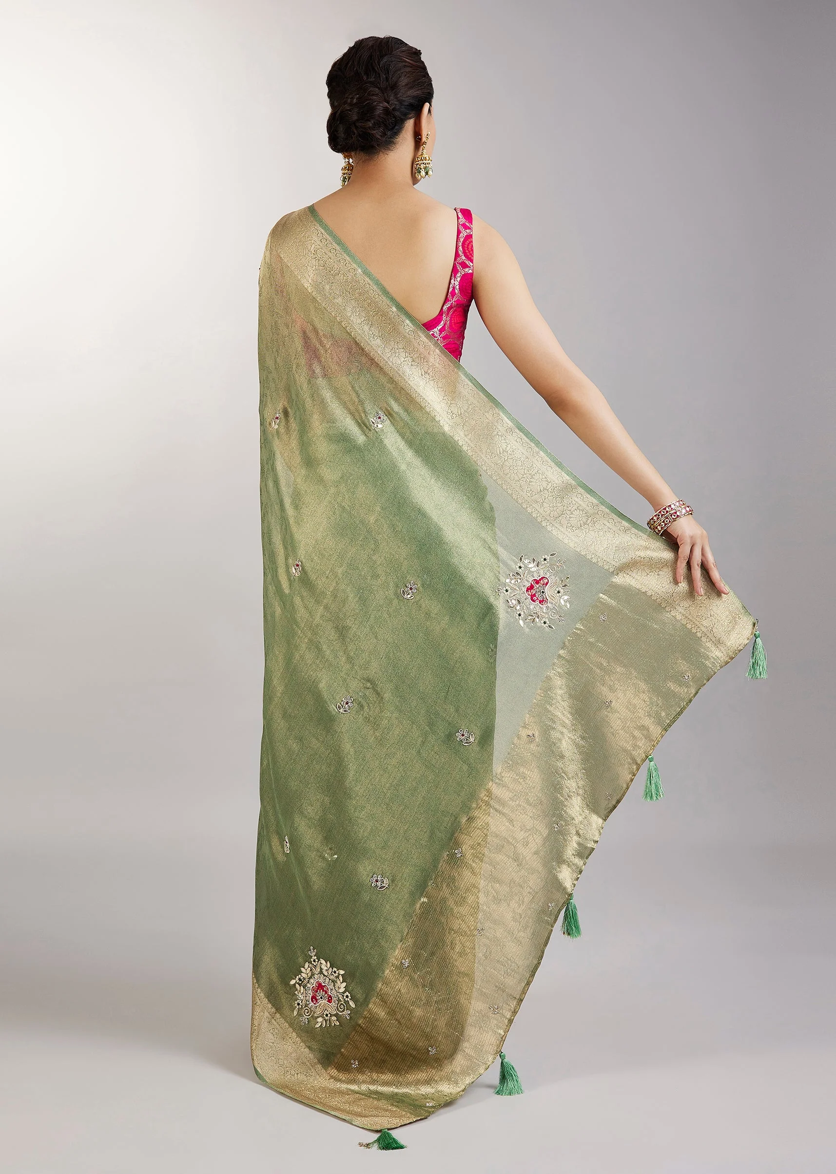 Pista Green Tissue Saree With Embroidered Butti