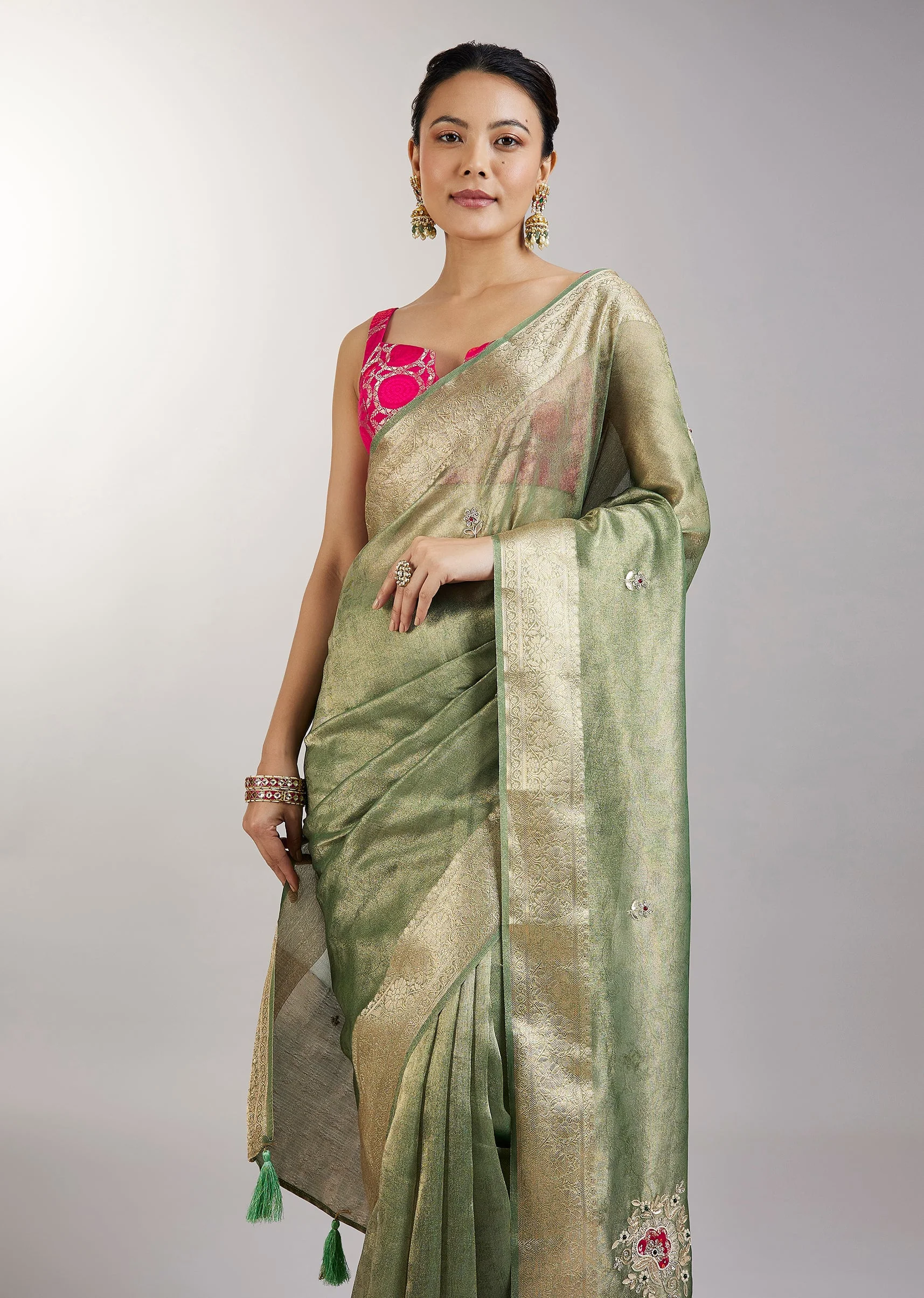 Pista Green Tissue Saree With Embroidered Butti