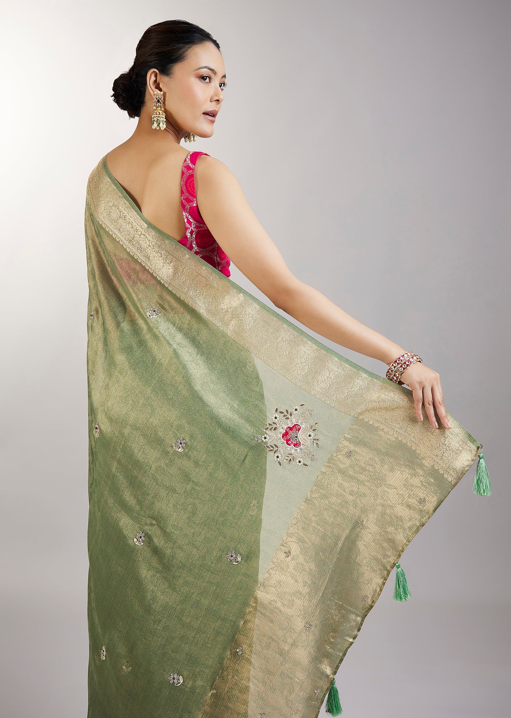 Pista Green Tissue Saree With Embroidered Butti