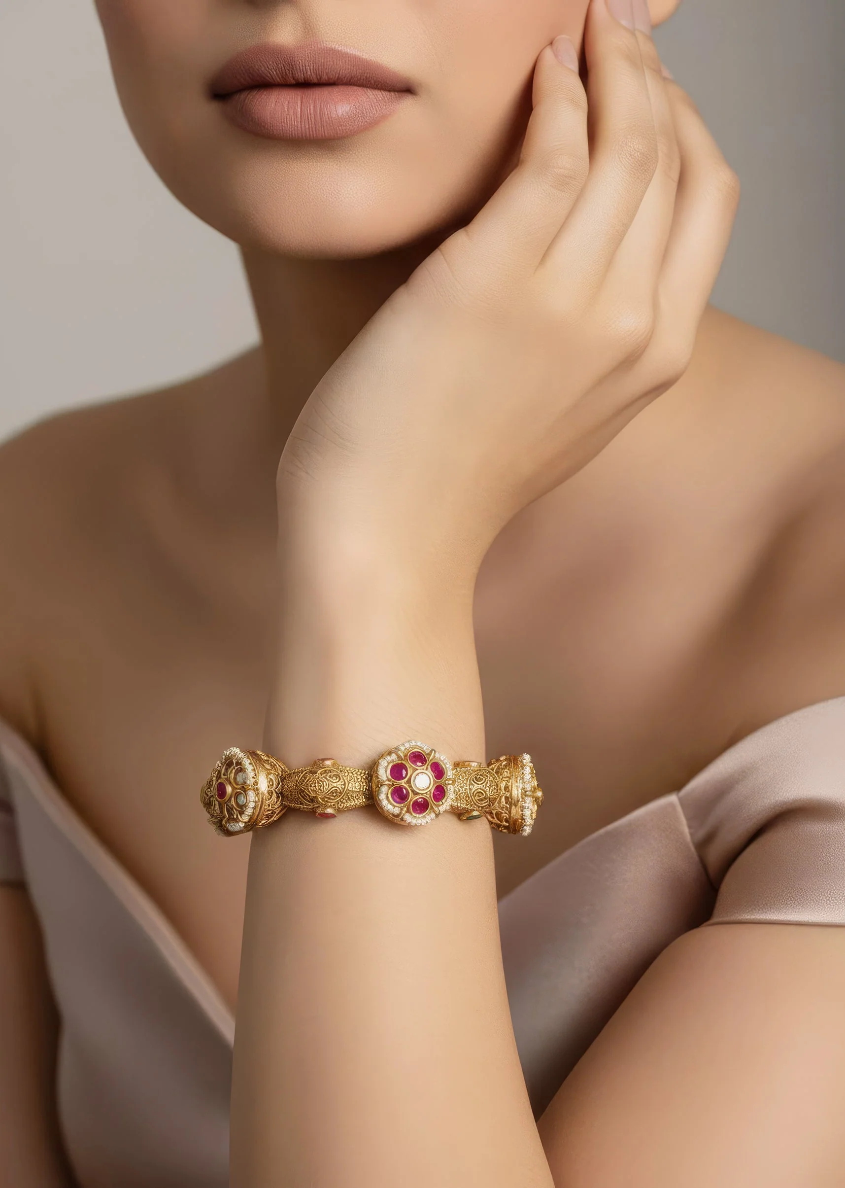 641-gold-bangles-with-floral-design-and-ruby-diamond-stones-1.webp Gold Bangles With Floral Design And Ruby Diamond Stones