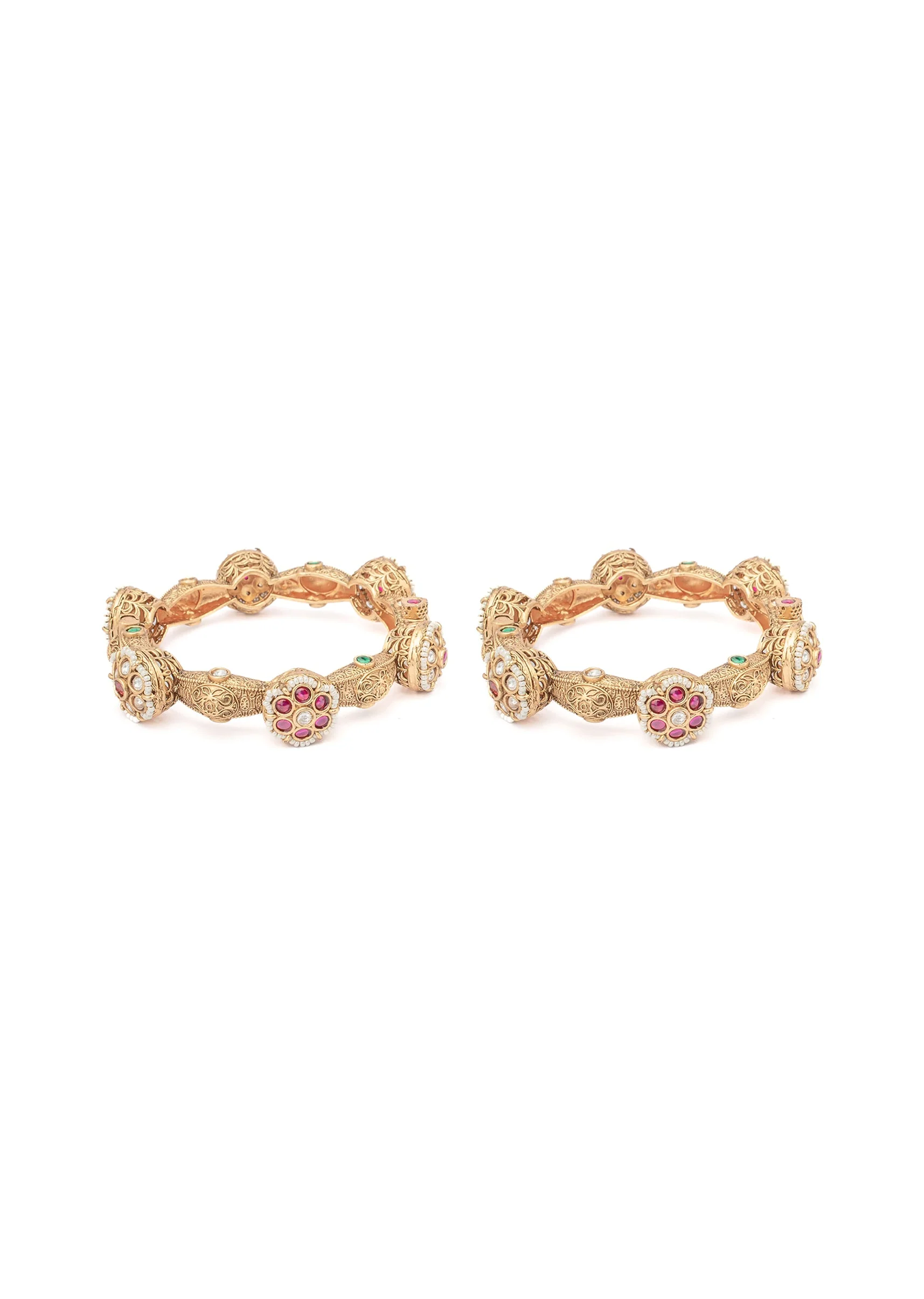 Gold Bangles With Floral Design And Ruby Diamond Stones