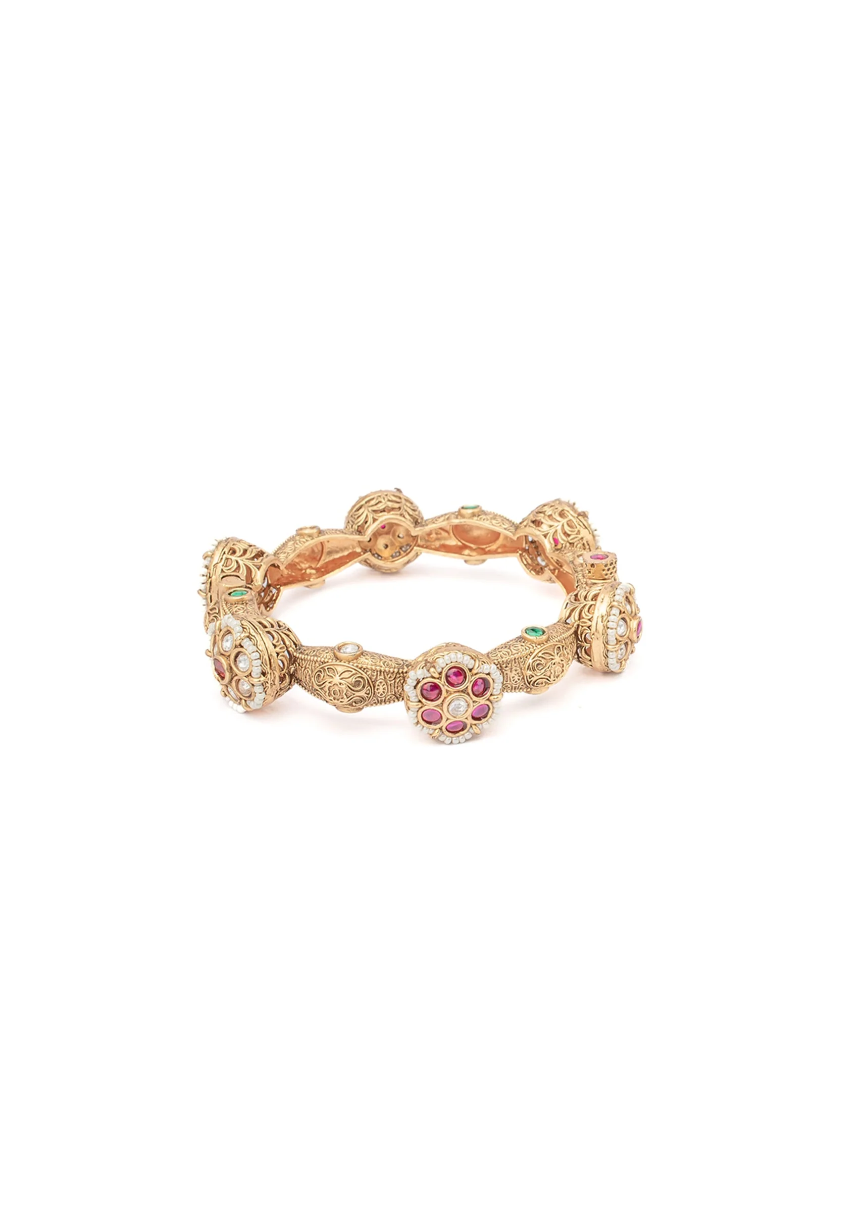 Gold Bangles With Floral Design And Ruby Diamond Stones