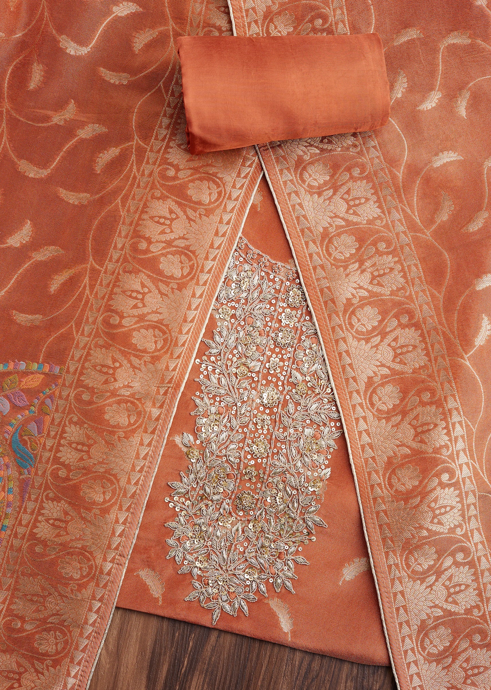Rust Tissue Embroidered Unstitched Suit