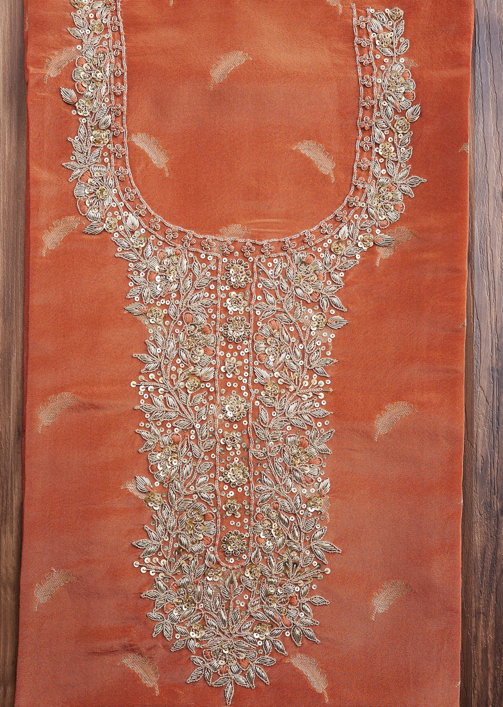 Rust Tissue Embroidered Unstitched Suit