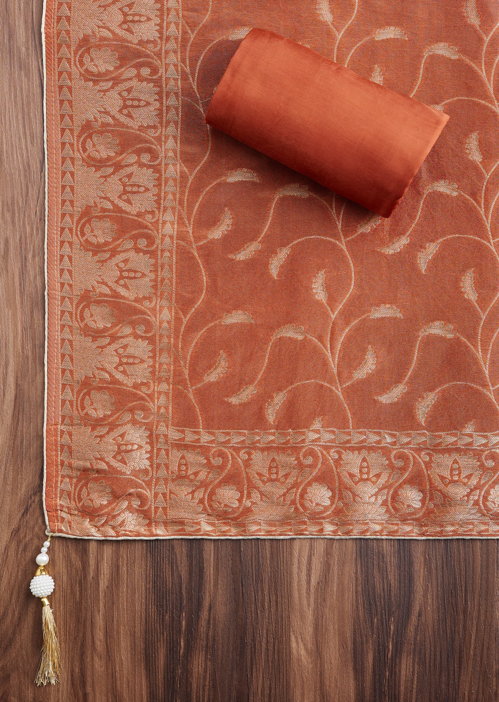 Rust Tissue Embroidered Unstitched Suit