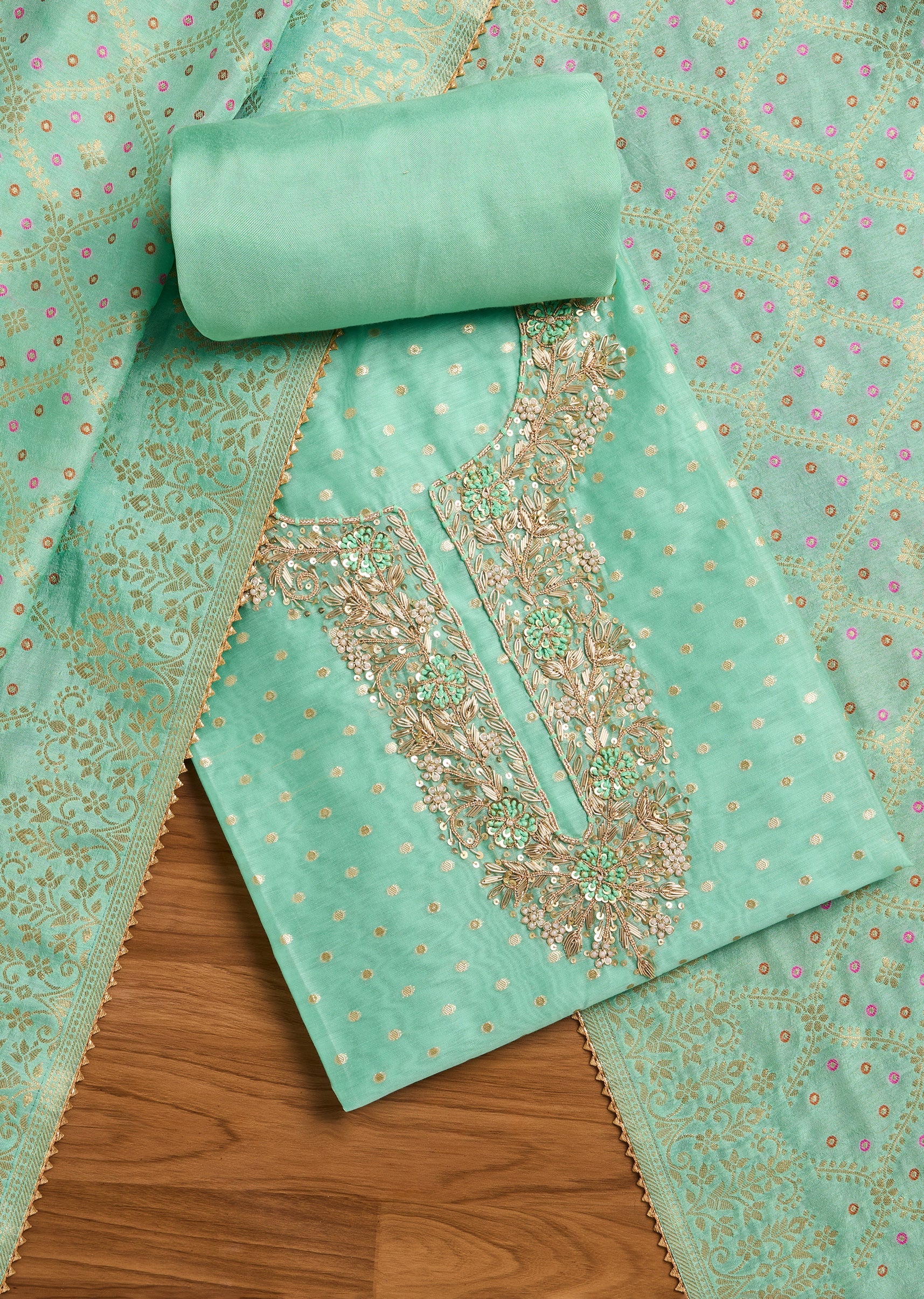 6432-sea-green-chanderi-unstitched-suit-with-dupatta-1.jpg Sea Green Chanderi Unstitched Suit With Dupatta