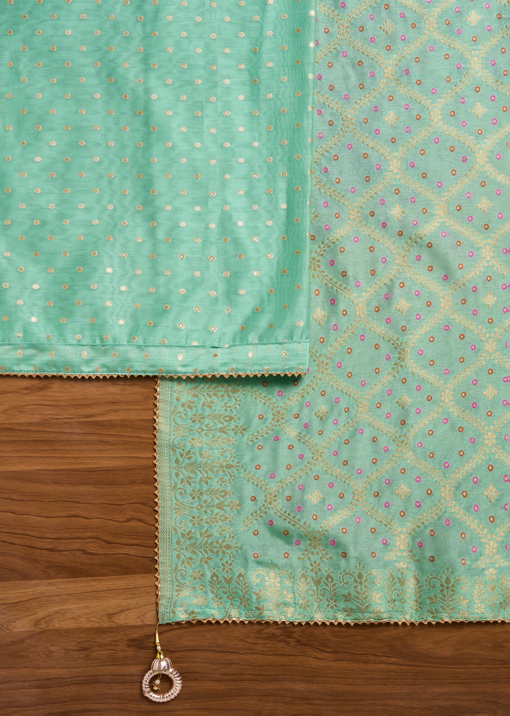 Sea Green Chanderi Unstitched Suit With Dupatta