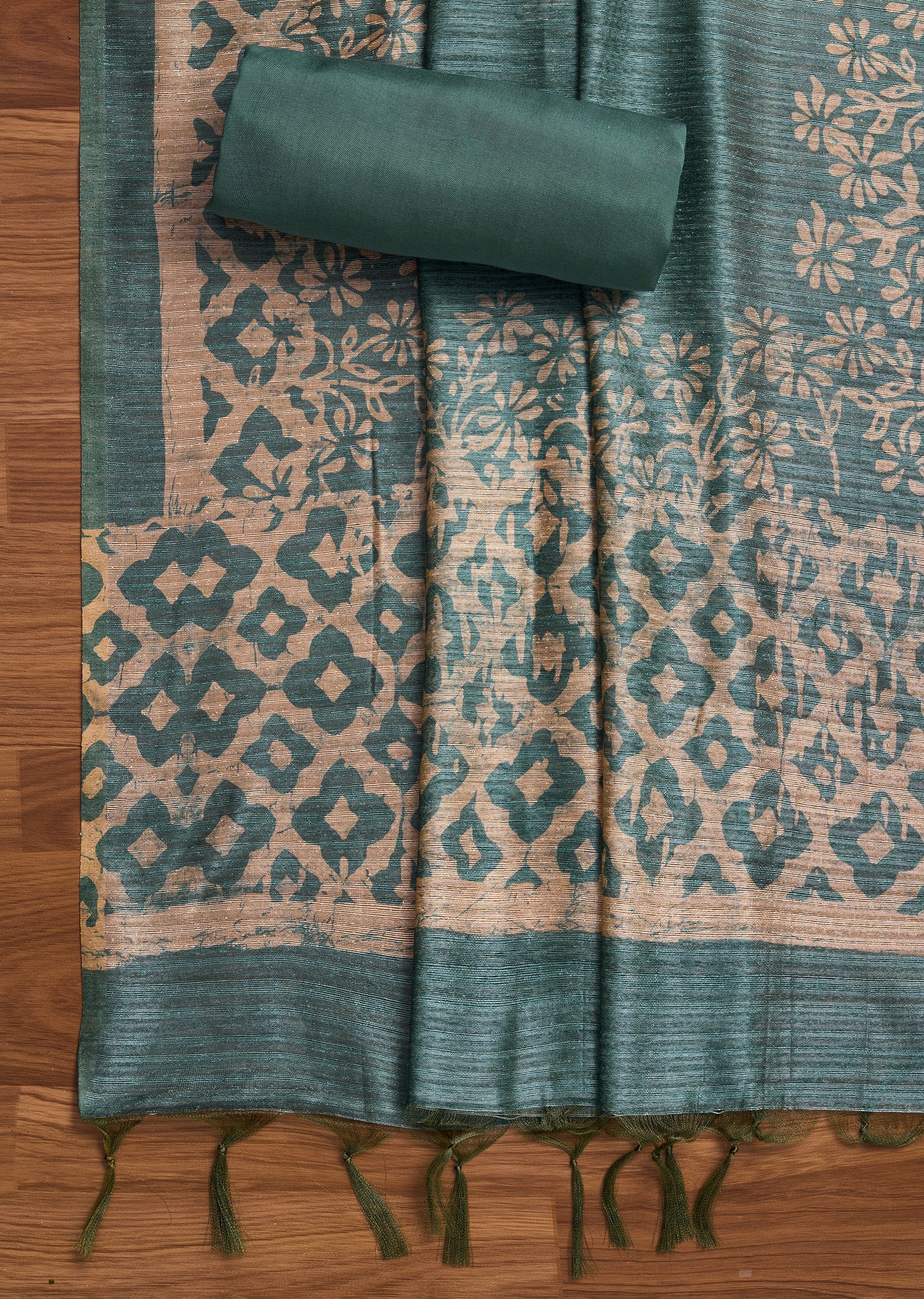 Greyish Blue Tussar Unstitched Suit With Dupatta