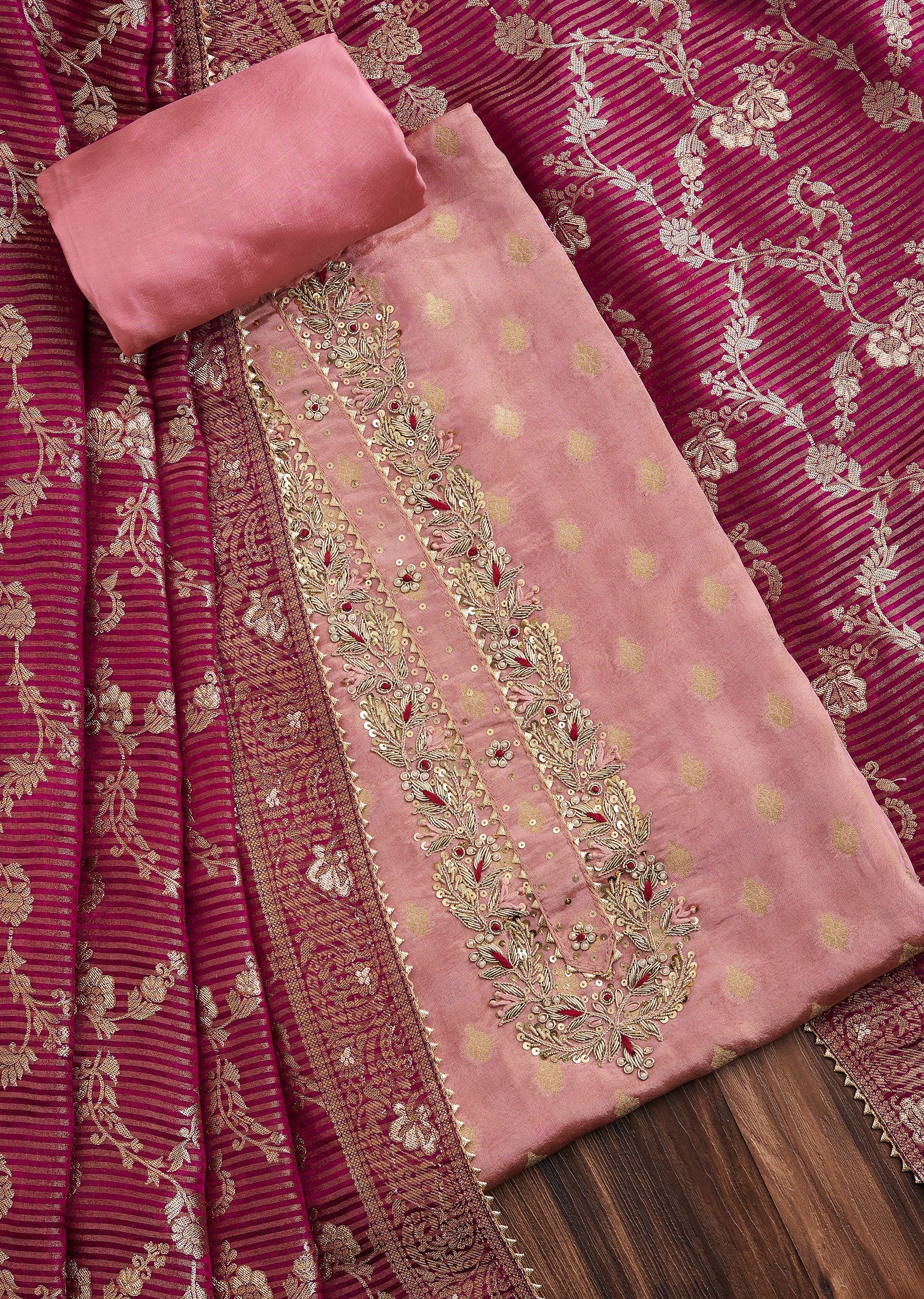 6436-pink-tissue-unstitched-suit-with-contrast-dupatta-1.jpg Pink Tissue Unstitched Suit with Contrast Dupatta