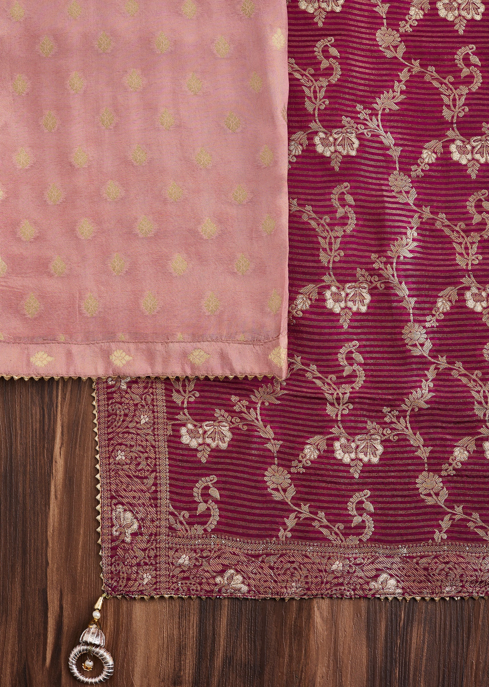 Pink Tissue Unstitched Suit with Contrast Dupatta