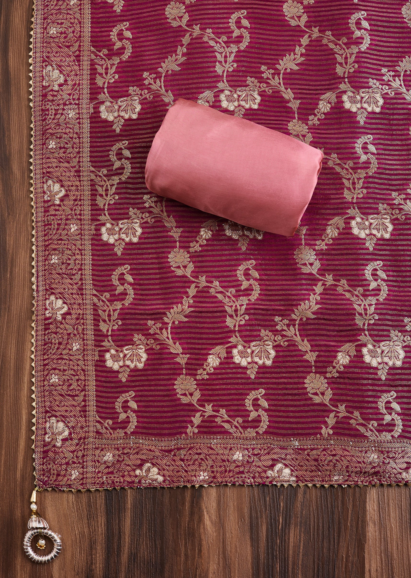 Pink Tissue Unstitched Suit with Contrast Dupatta