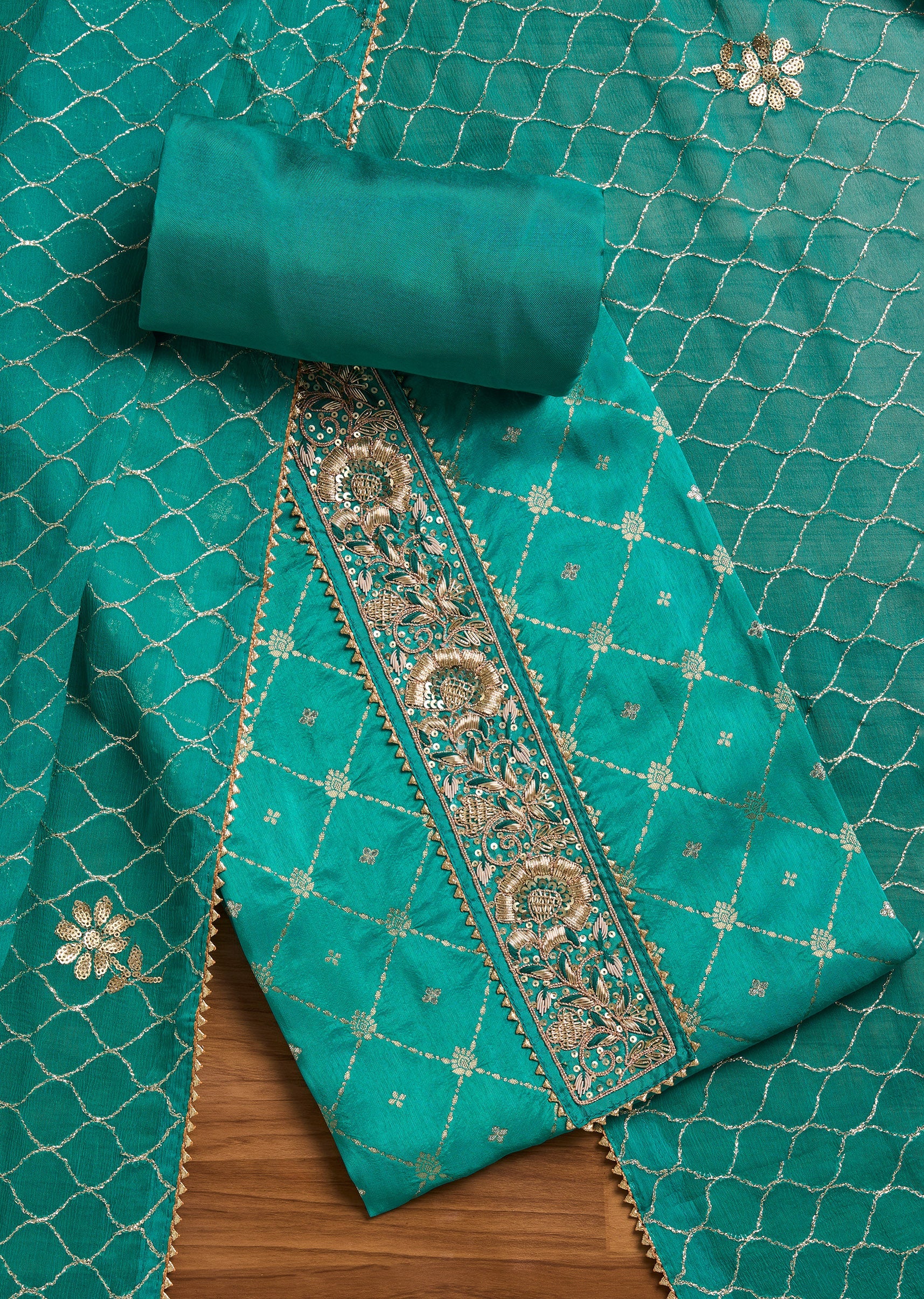 Noor Green Chanderi Unstitched Suit And Dupatta