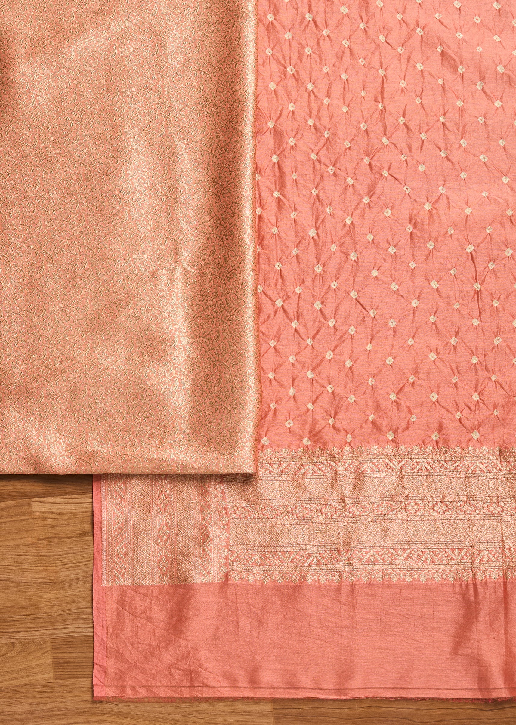 Peach Brocade Banarasi Unstitched Suit With Dupatta