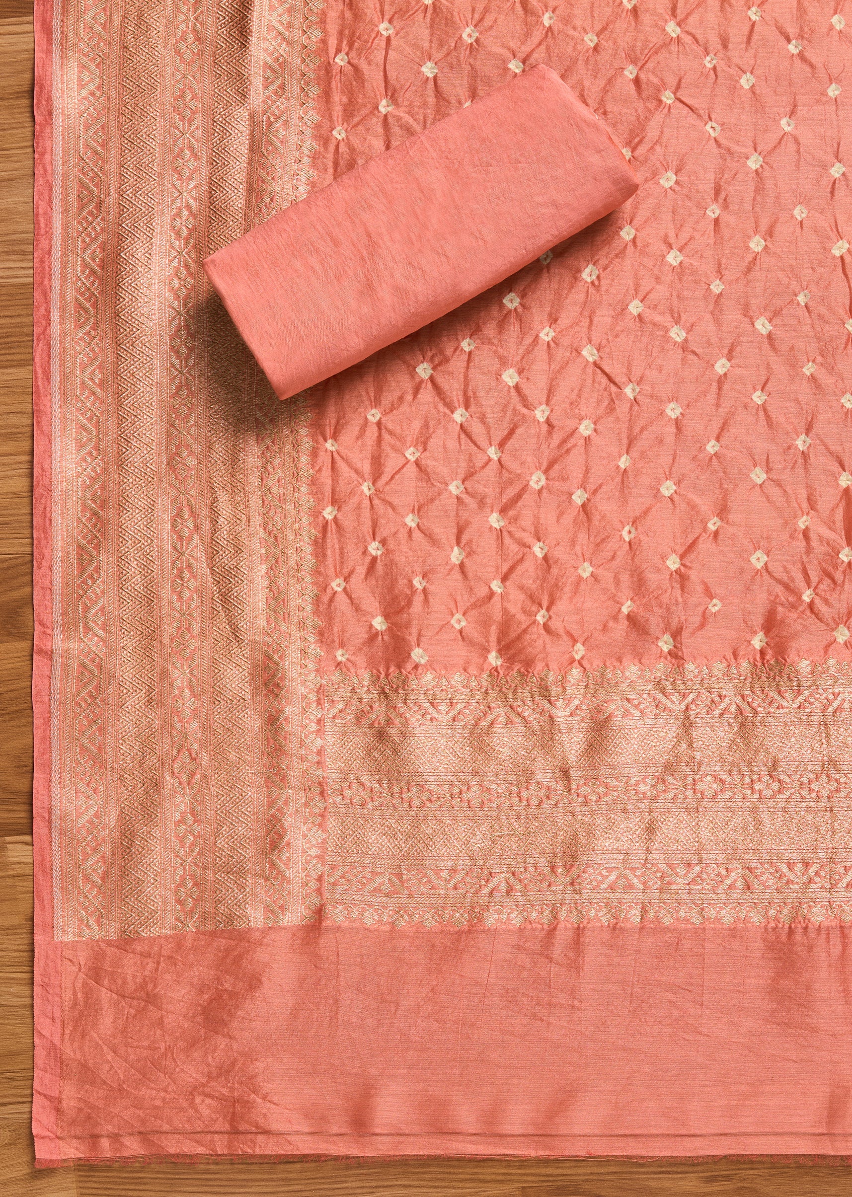 Peach Brocade Banarasi Unstitched Suit With Dupatta