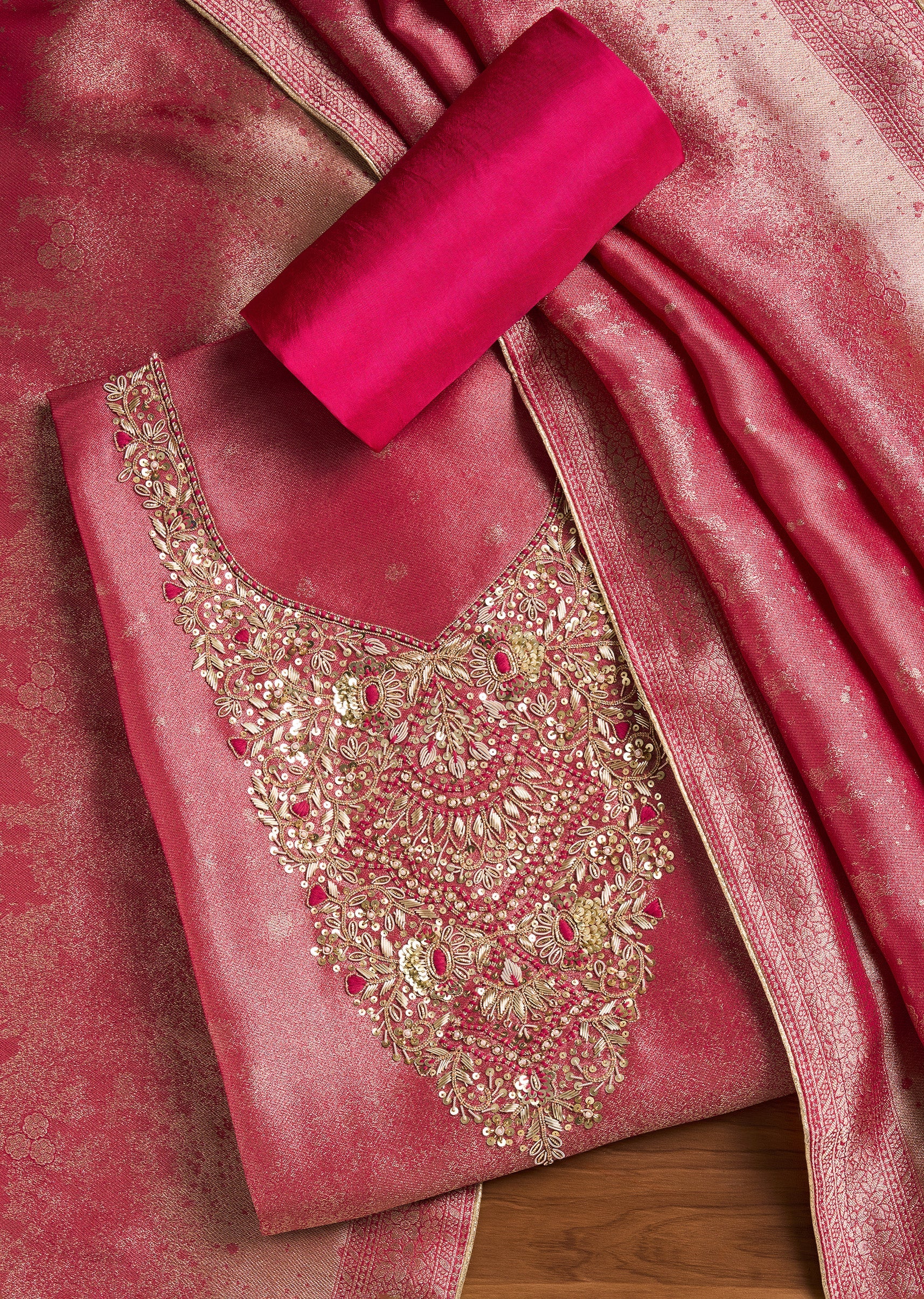 6446-rani-pink-tissue-unstitched-suit-with-dupatta-1.jpg Rani Pink Tissue Unstitched Suit With Dupatta