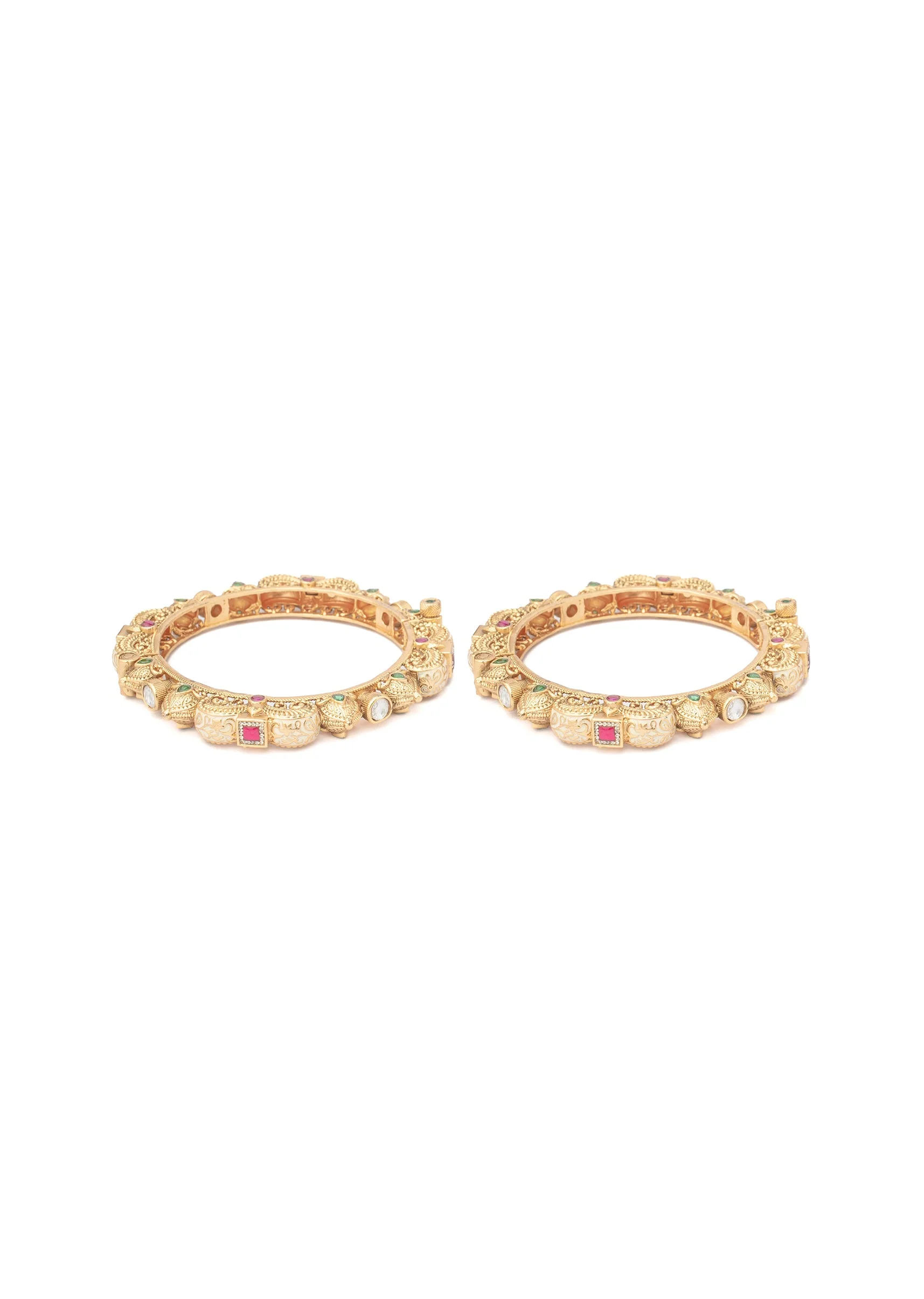 645-gold-bangles-with-floral-motifs-and-green-red-white-stones-1.webp Gold Bangles With Floral Motifs And Green Red White Stones