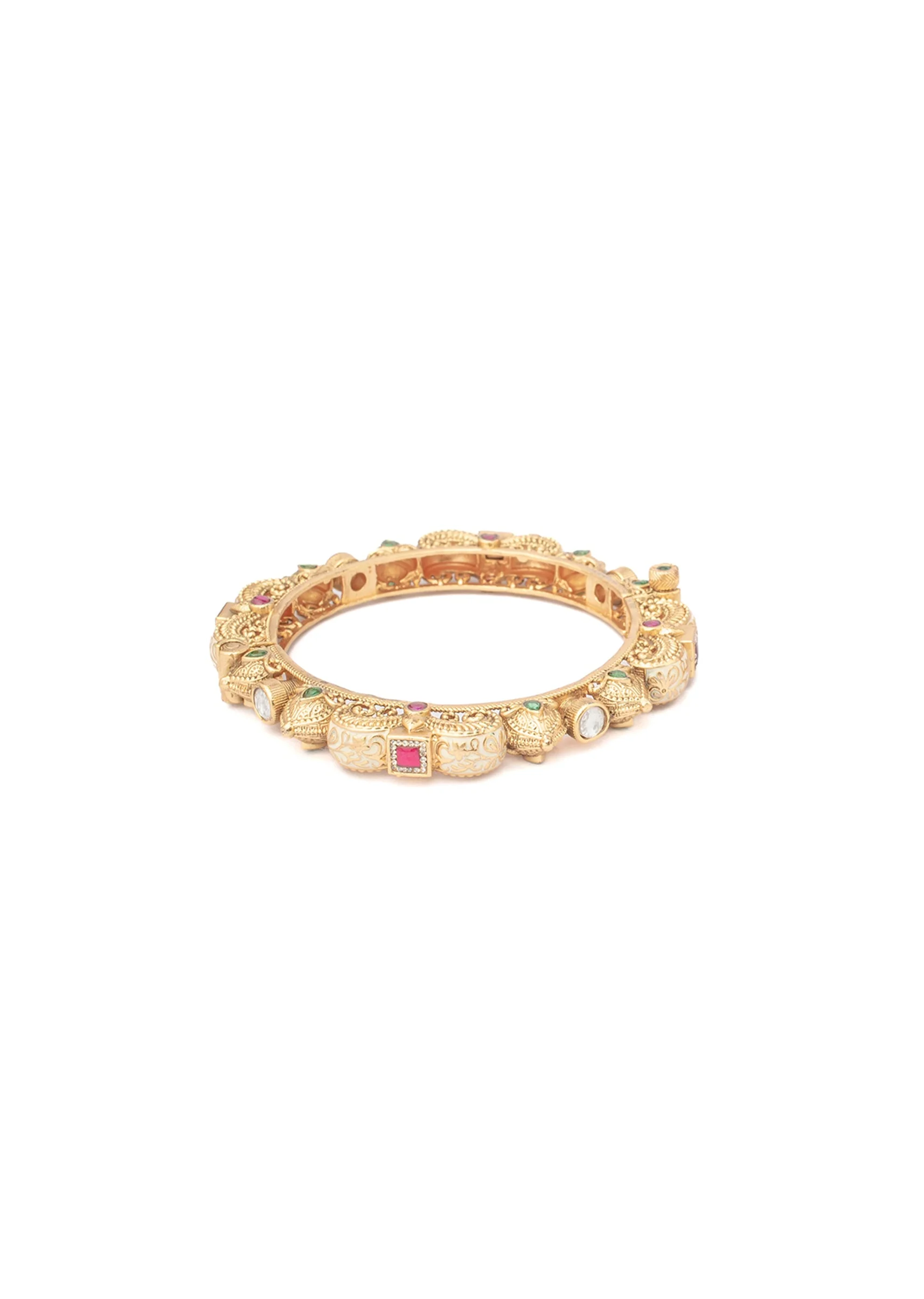 Gold Bangles With Floral Motifs And Green Red White Stones