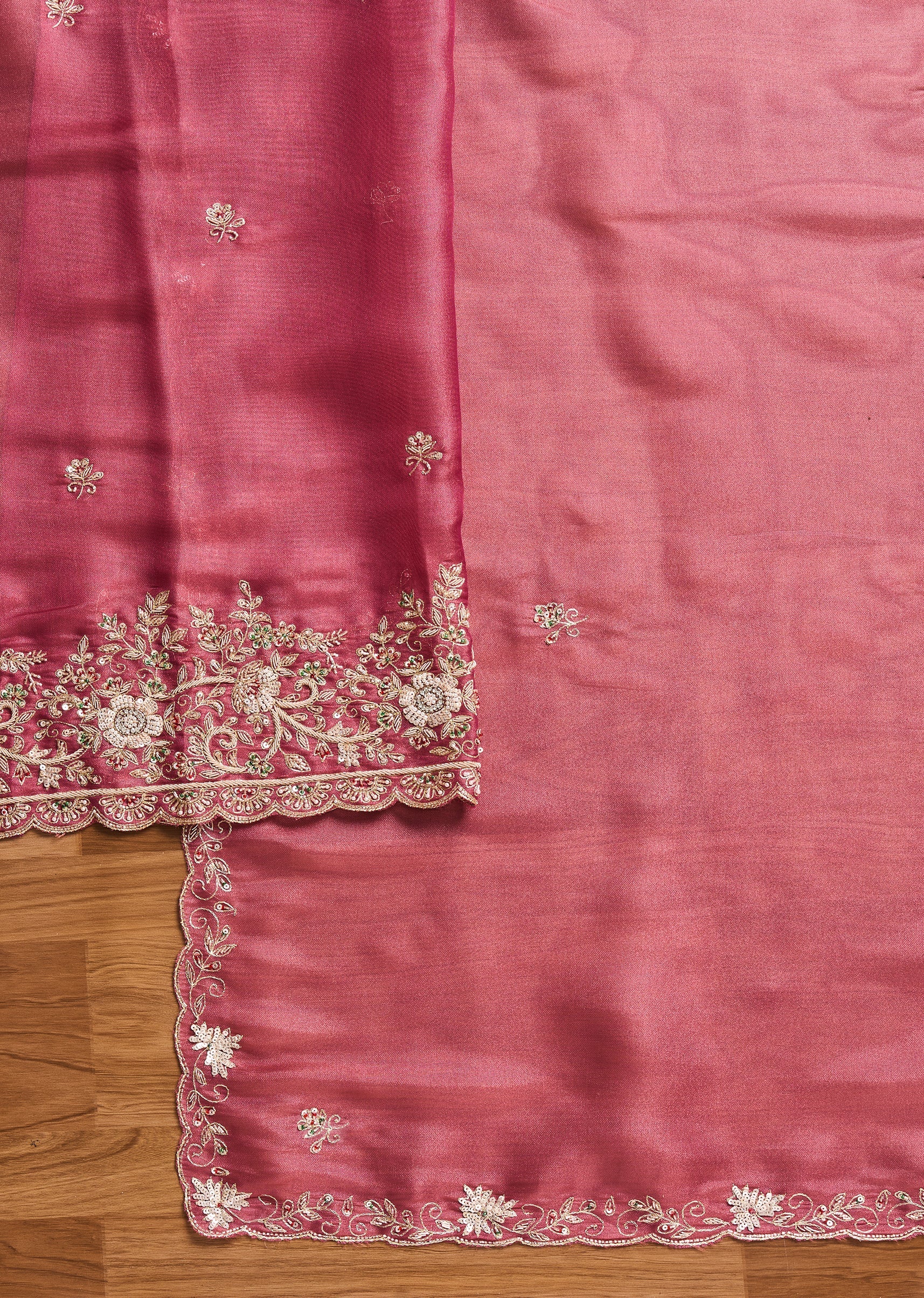Pink Satin Unstitched Suit With Dupatta