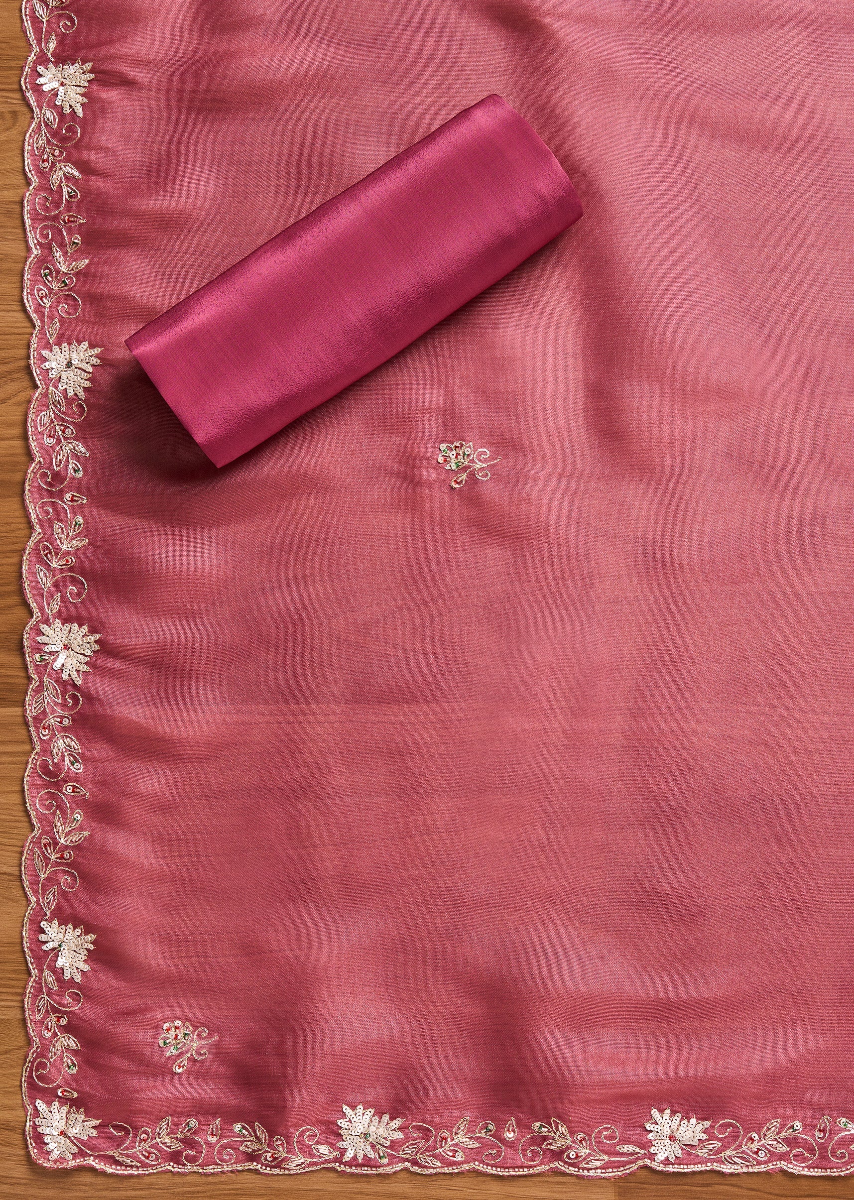 Pink Satin Unstitched Suit With Dupatta
