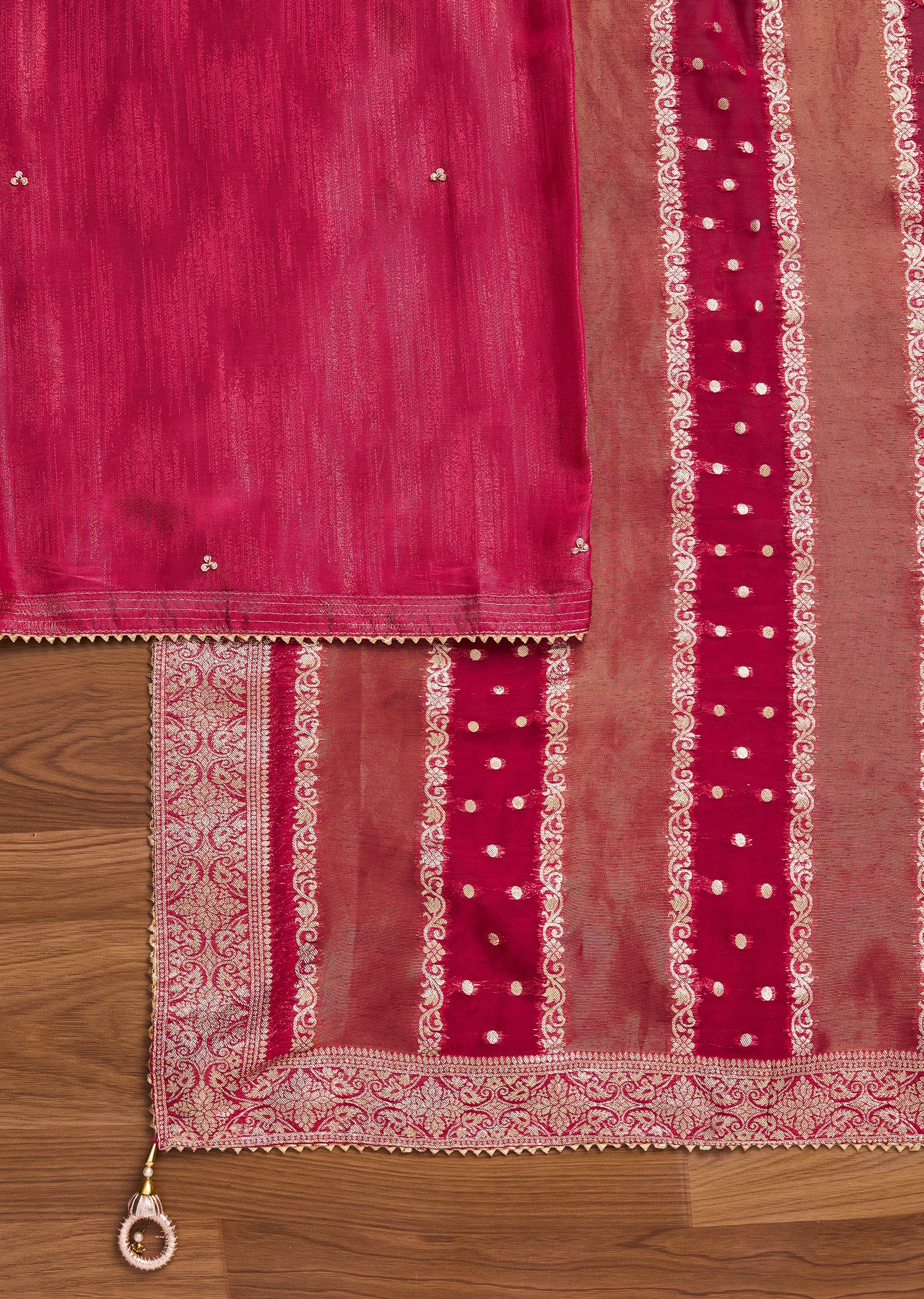 Rani Pink Crepe Unstitched Suit With Dupatta and Bottom Fabric