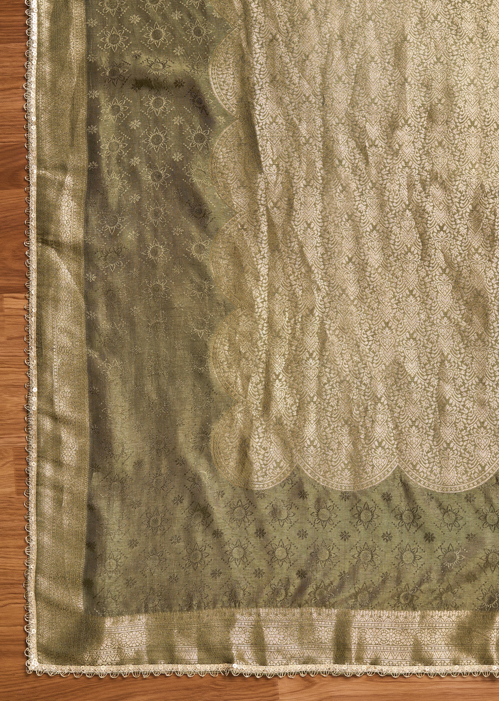 Mehendi Green Tissue Unstitched Suit With Dupatta
