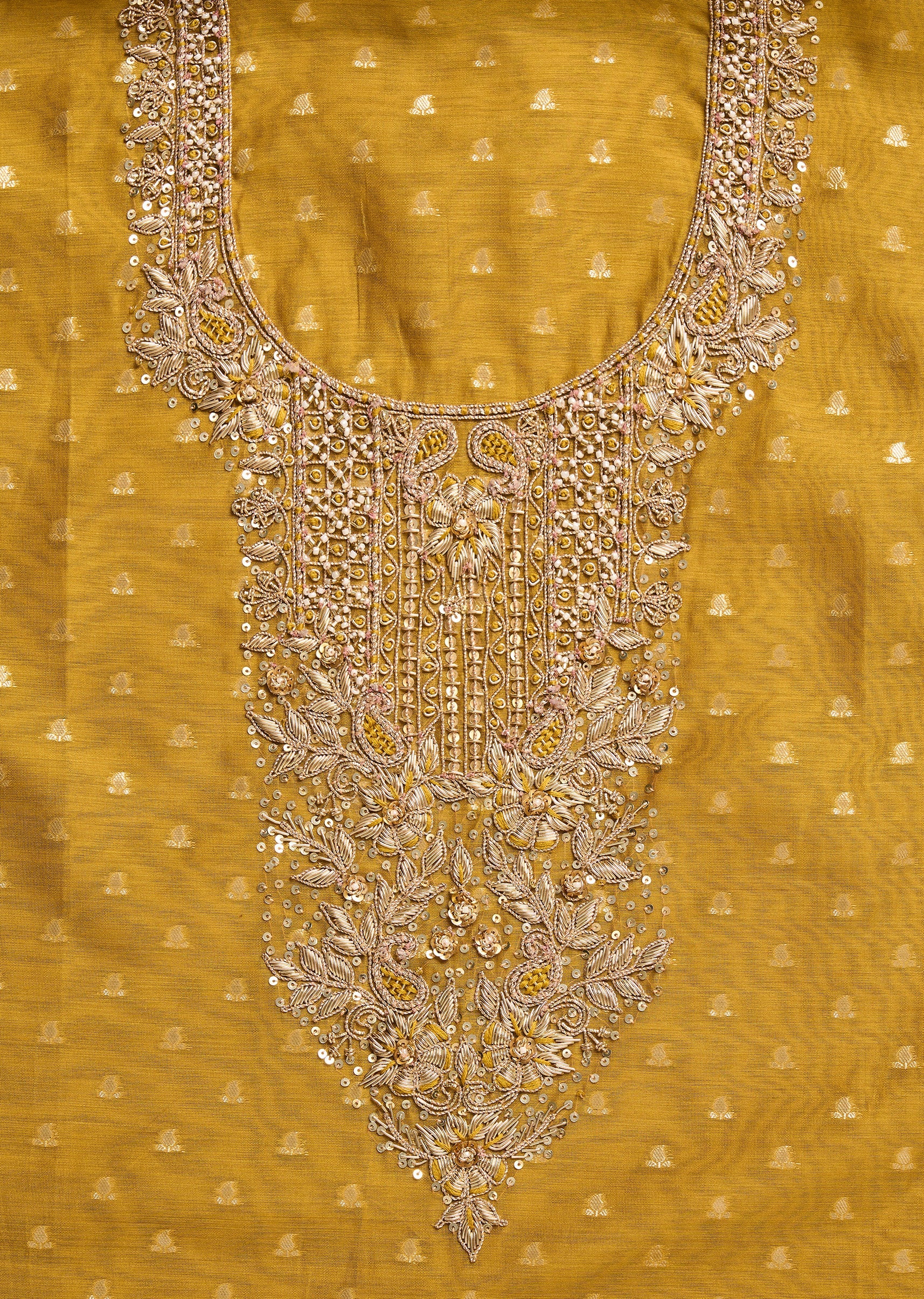 Mustard Yellow Chanderi Unstitched Suit With Dupatta