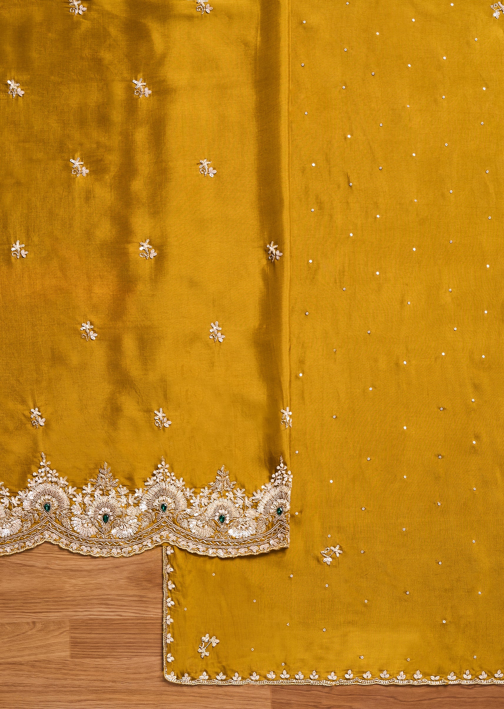 Mustard Yellow Satin Unstitched Suit With Dupatta
