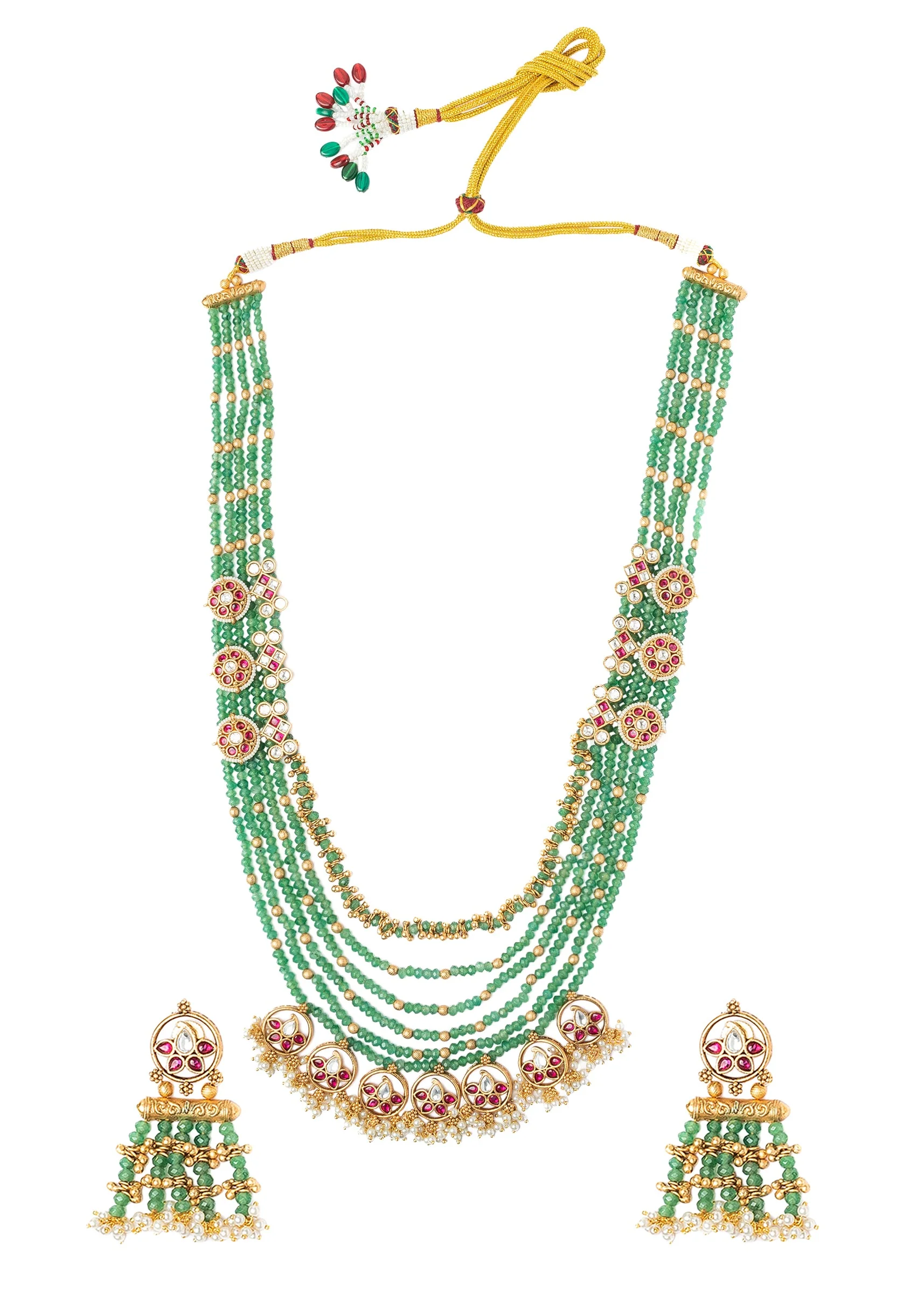 Gold Plated Green Long Necklace Set With Earrings