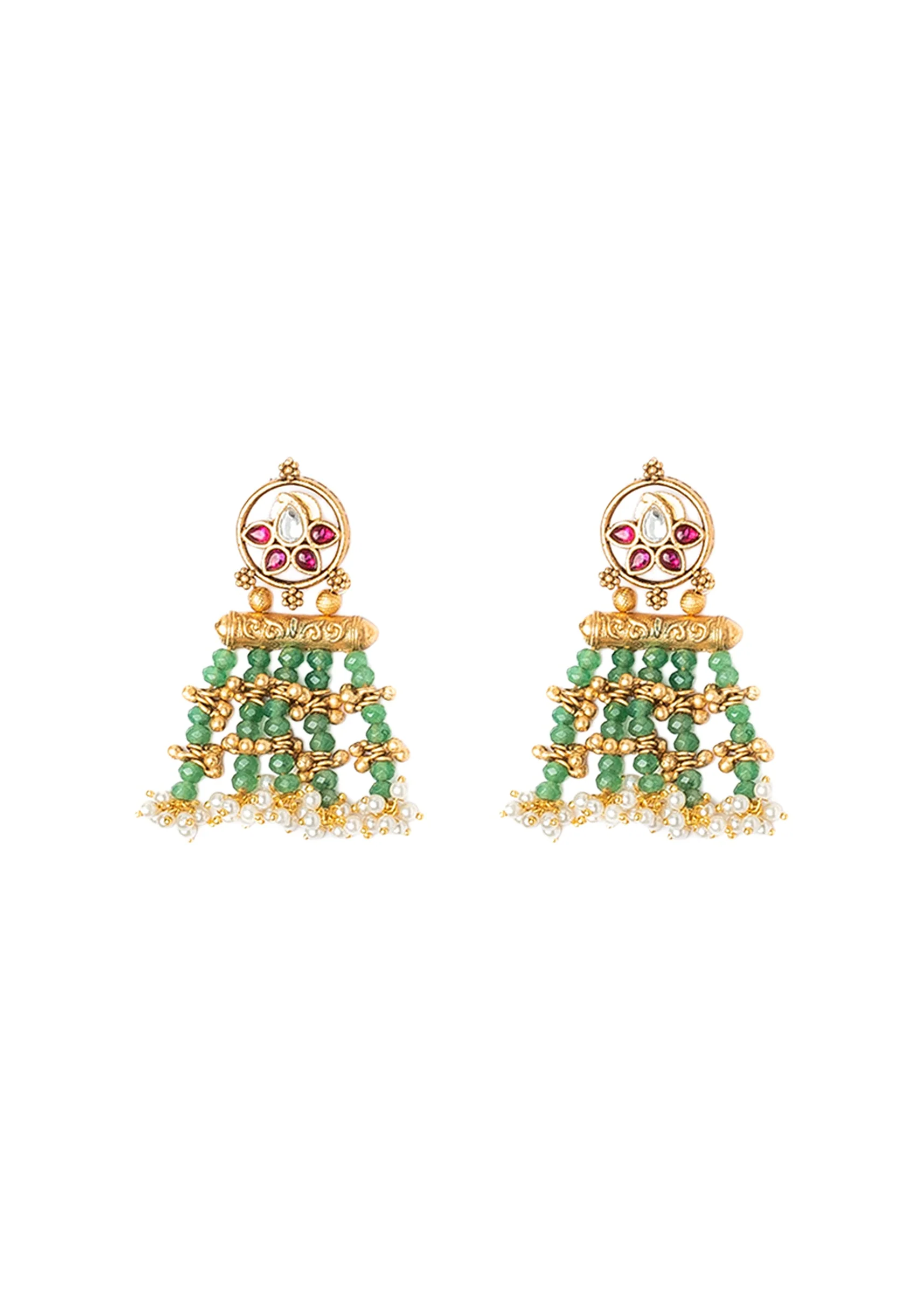 Gold Plated Green Long Necklace Set With Earrings