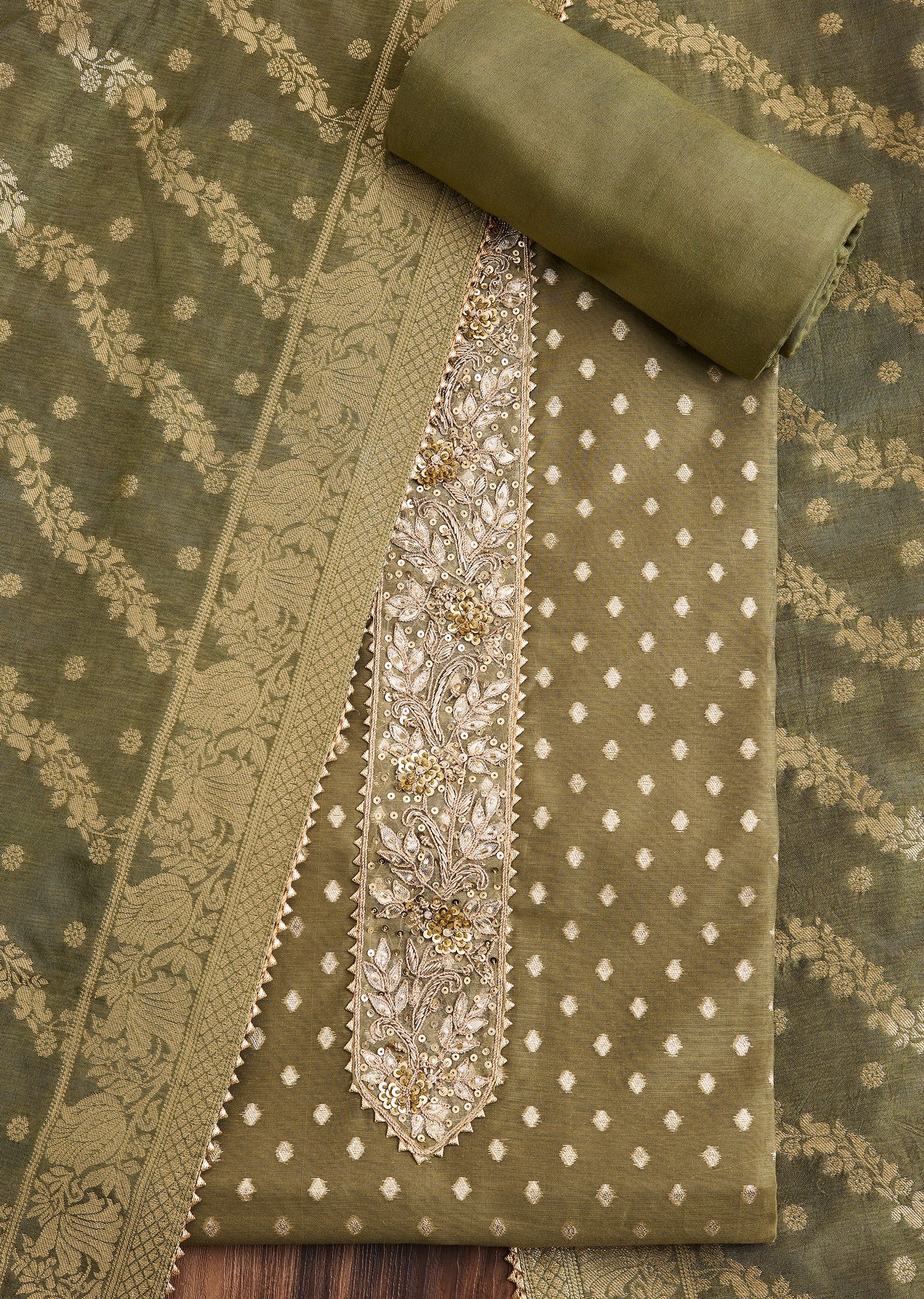 Mehendi Green Chanderi Unstitched Suit
