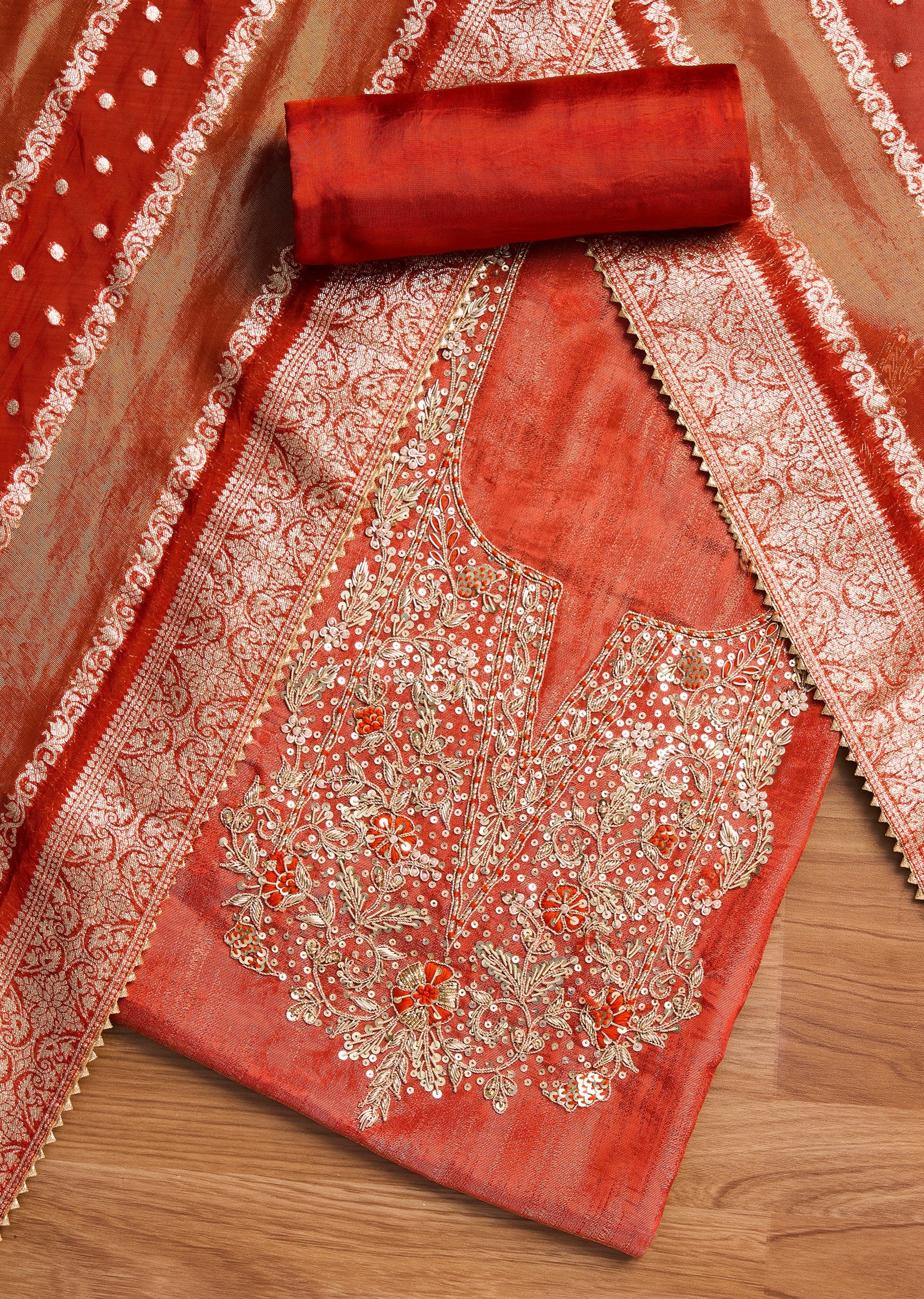 Rust Tissue Embroidered Unstitched Suit Set