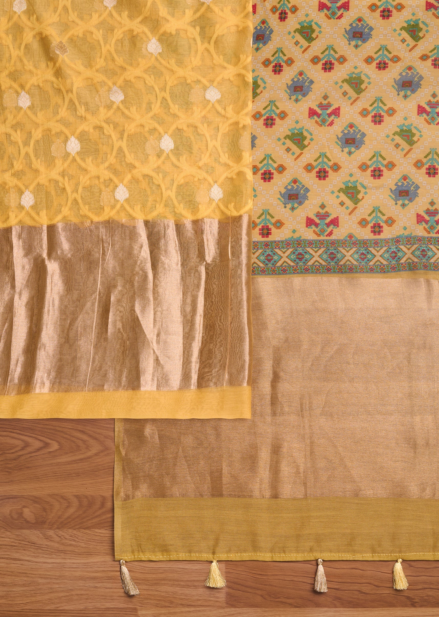 Yellow Chanderi Unstitched Suit Set