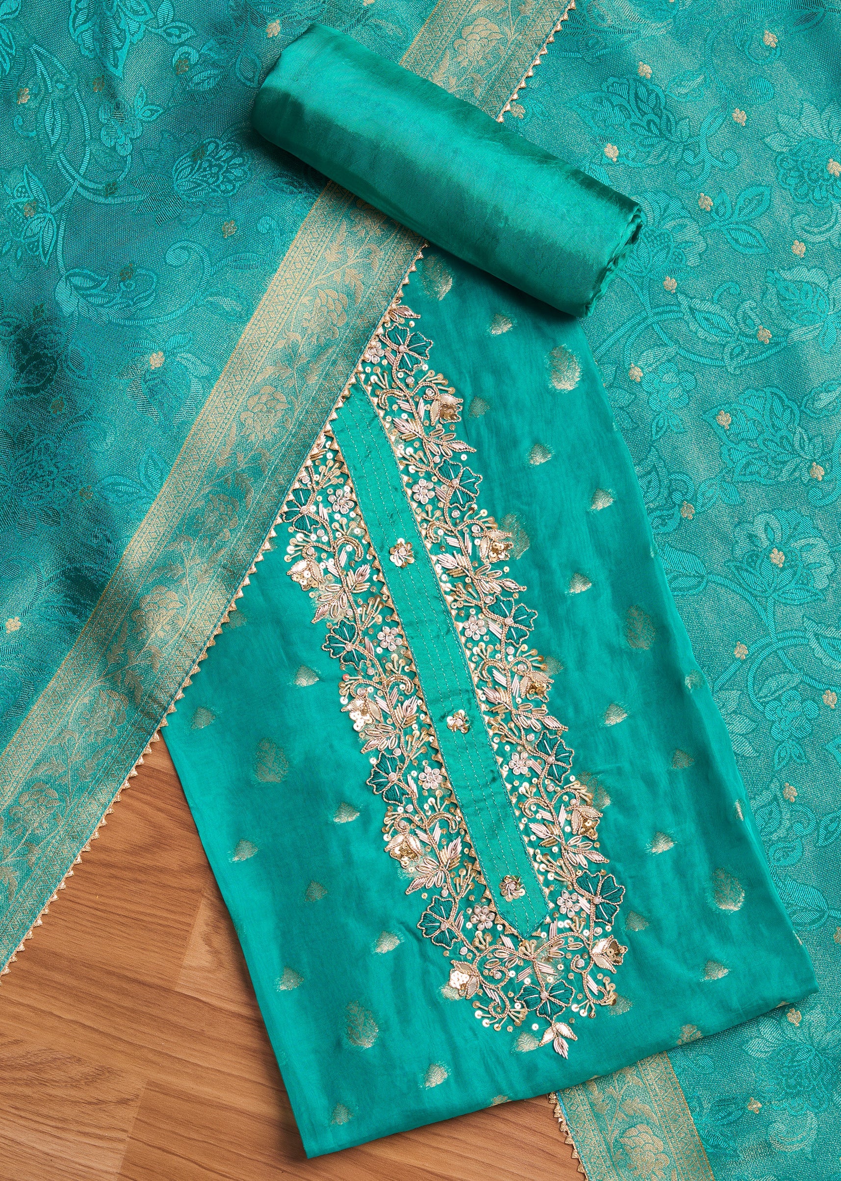 6468-aqua-blue-organza-brocade-unstitched-suit-set-1.jpg Aqua Blue Organza Brocade Unstitched Suit Set