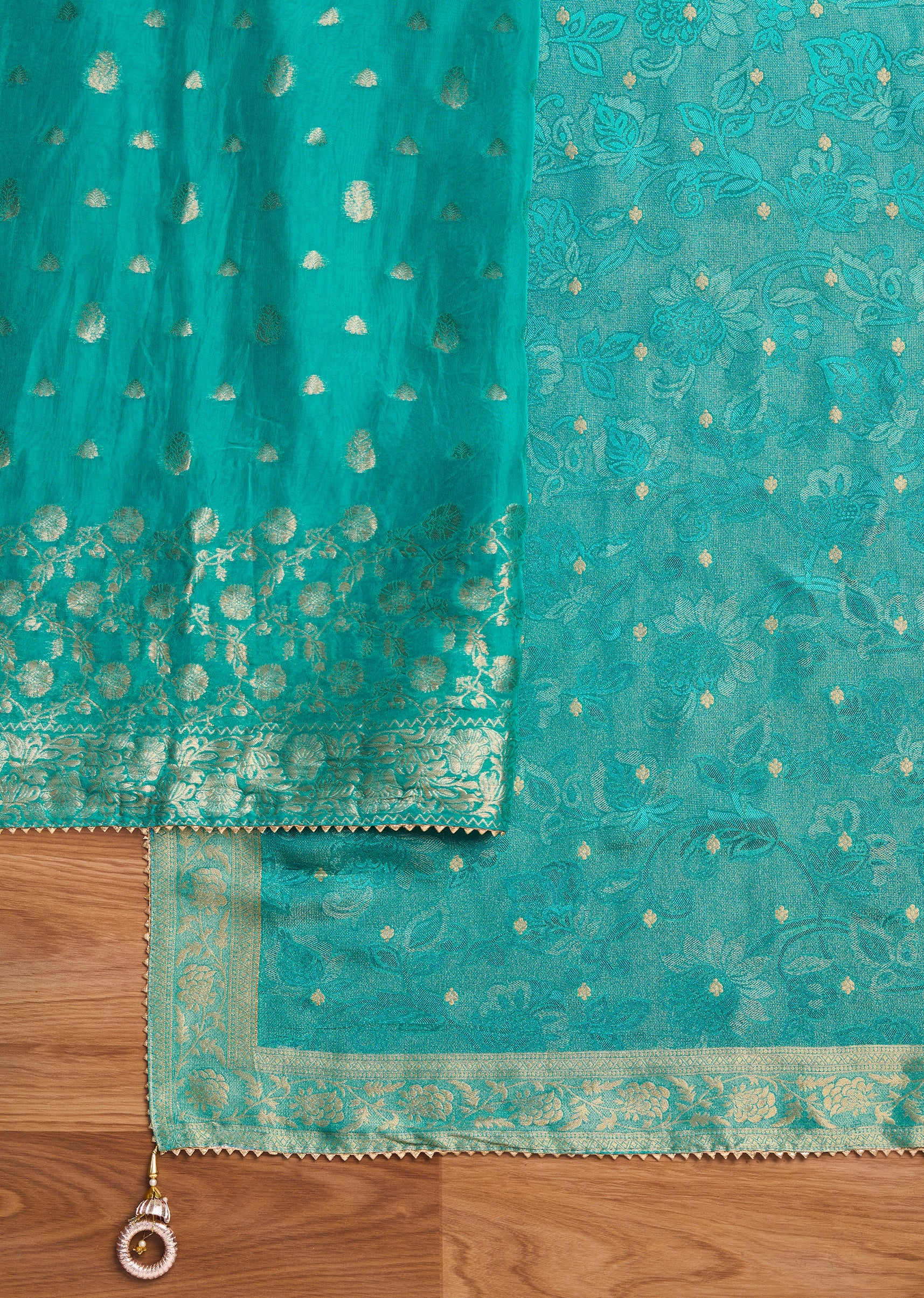 Aqua Blue Organza Brocade Unstitched Suit Set