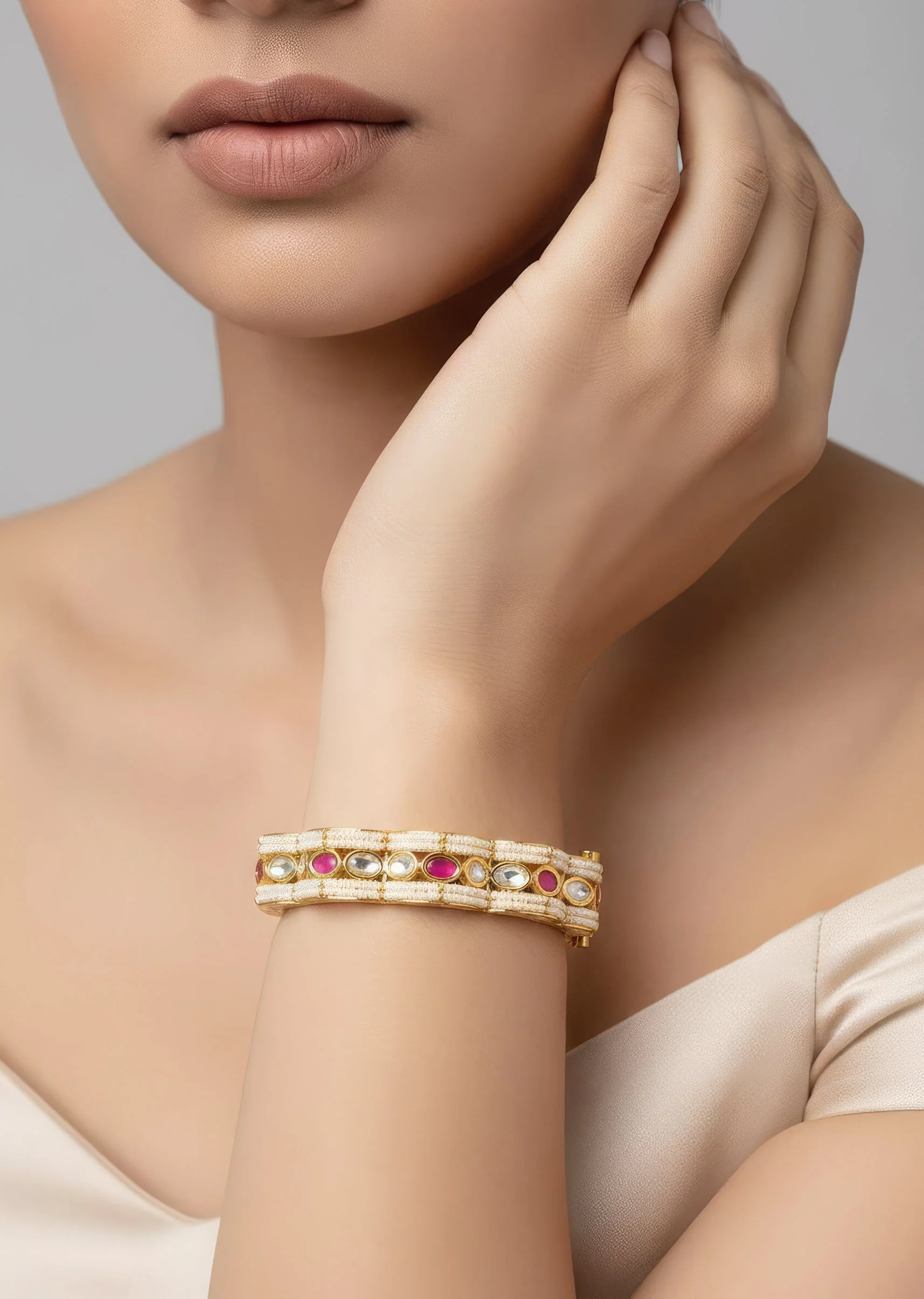 647-gold-bangles-with-white-stones-and-scalloped-design-with-pink-accents-1.webp Gold Bangles With White Stones And Scalloped Design With Pink Accents