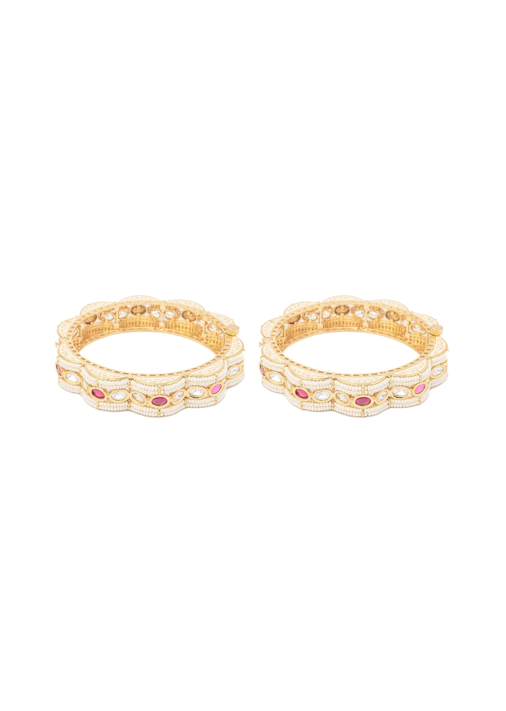 Gold Bangles With White Stones And Scalloped Design With Pink Accents