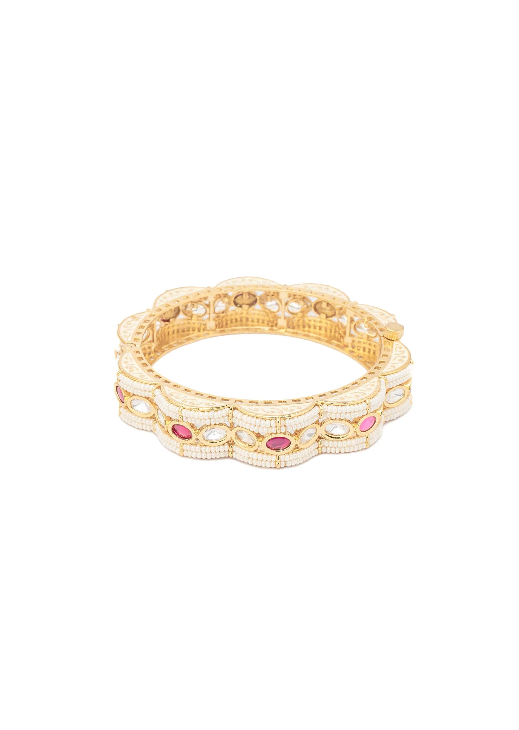 Gold Bangles With White Stones And Scalloped Design With Pink Accents