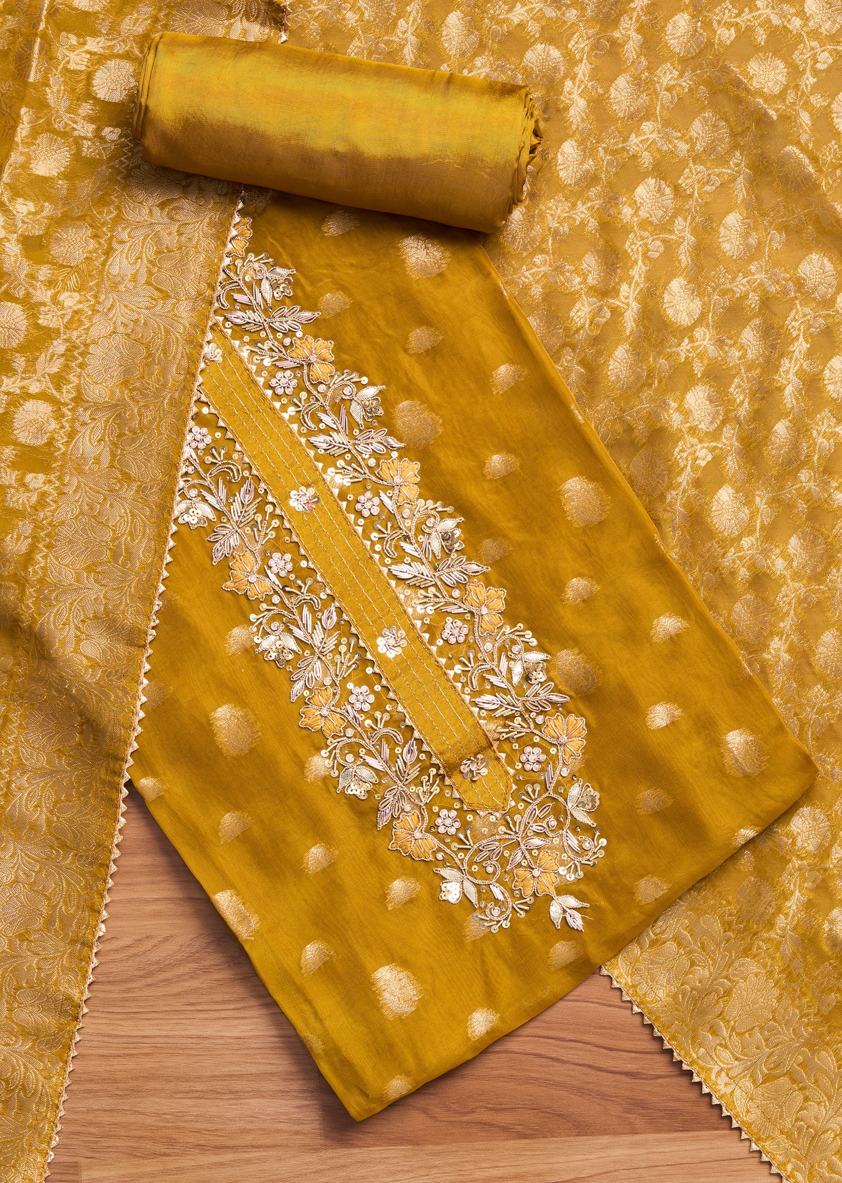 6471-mustard-yellow-organza-brocade-unstitched-suit-set-1.jpg Mustard Yellow Organza Brocade Unstitched Suit Set