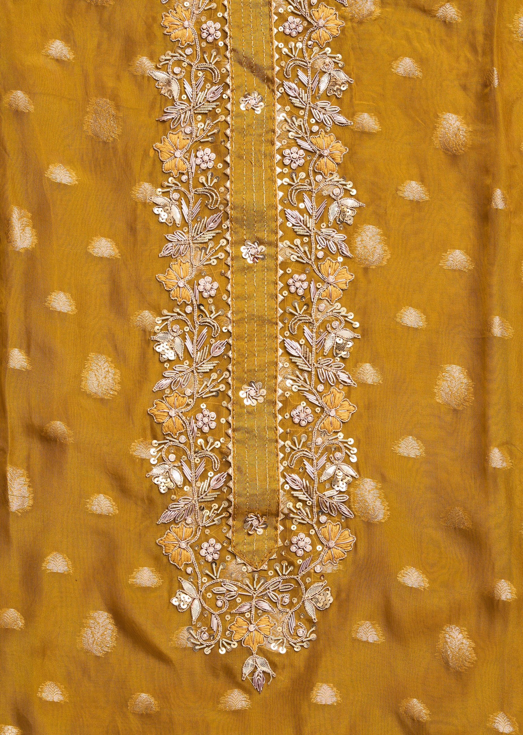 Mustard Yellow Organza Brocade Unstitched Suit Set
