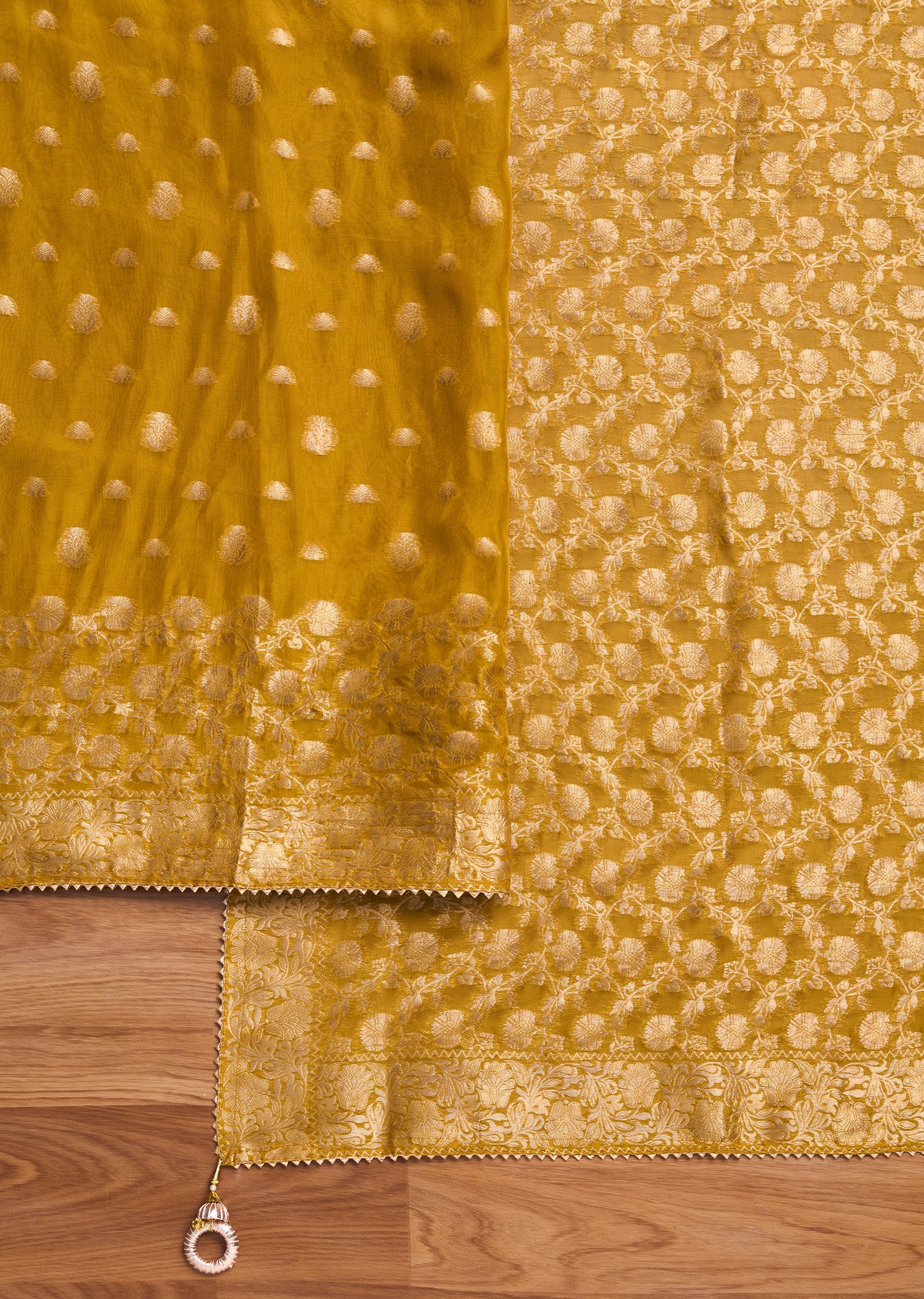Mustard Yellow Organza Brocade Unstitched Suit Set